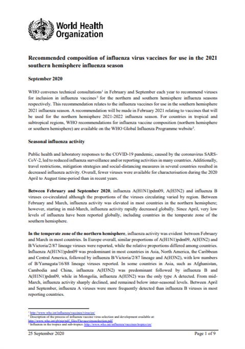 Recommended composition of influenza virus vaccines for use in the 2019 southern hemisphere influenza season