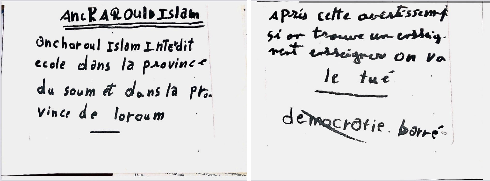 Two handwritten notes in French