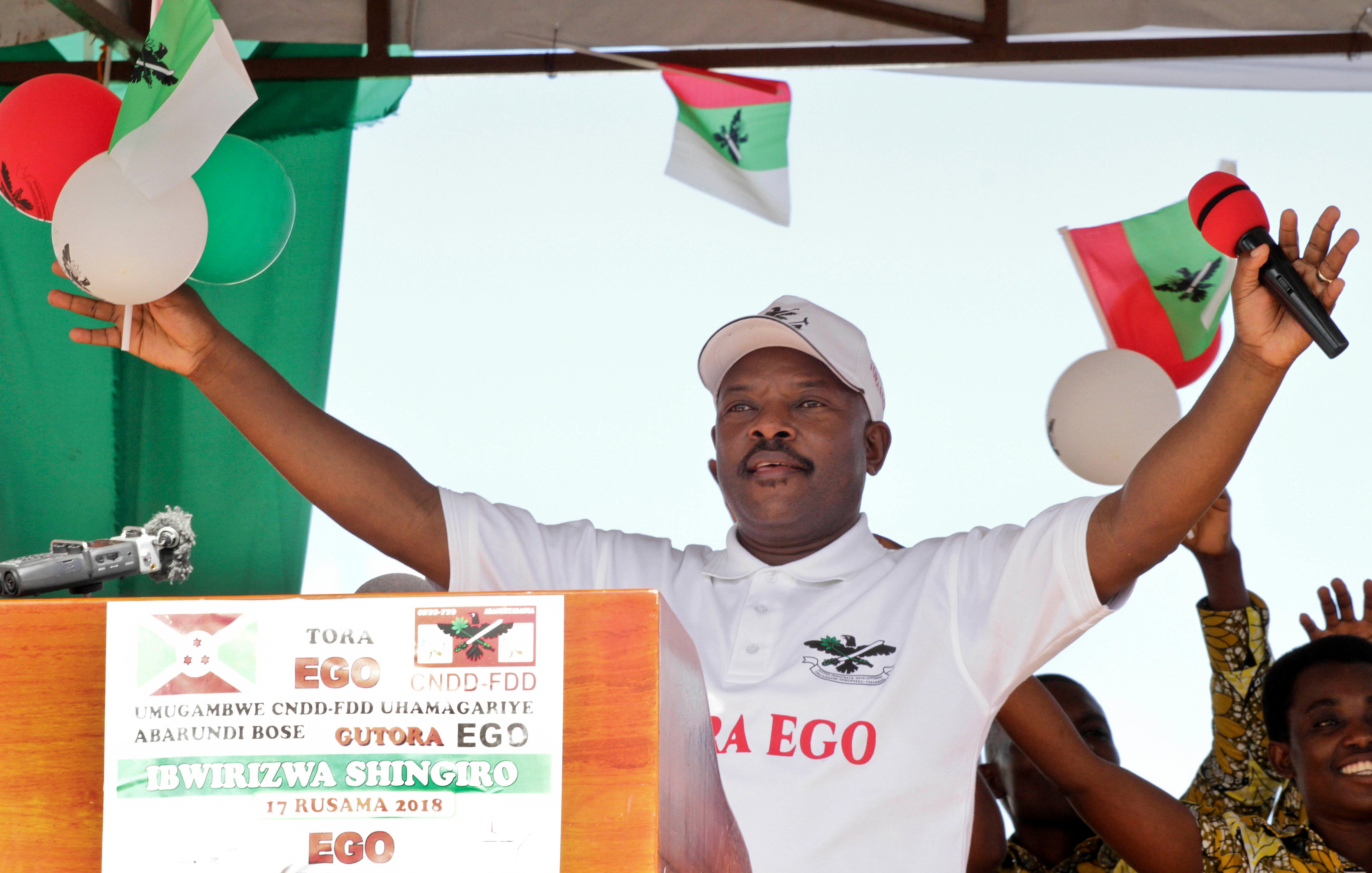 Burundi’s former president, Pierre Nkurunziza, who died on June 8, 2020, attends a rally to launch the ruling party’s campaign calling for a “Yes” vote in the constitutional referendum, in Bugendana, Gitega province, Burundi, May 2, 2018.