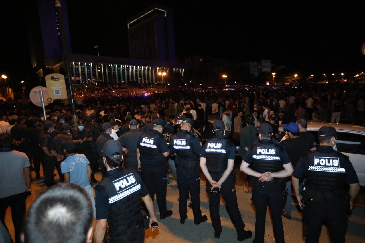 Rally participants gather in front of the parliament building, Baku, Azerbaijan, July 14, 2020.