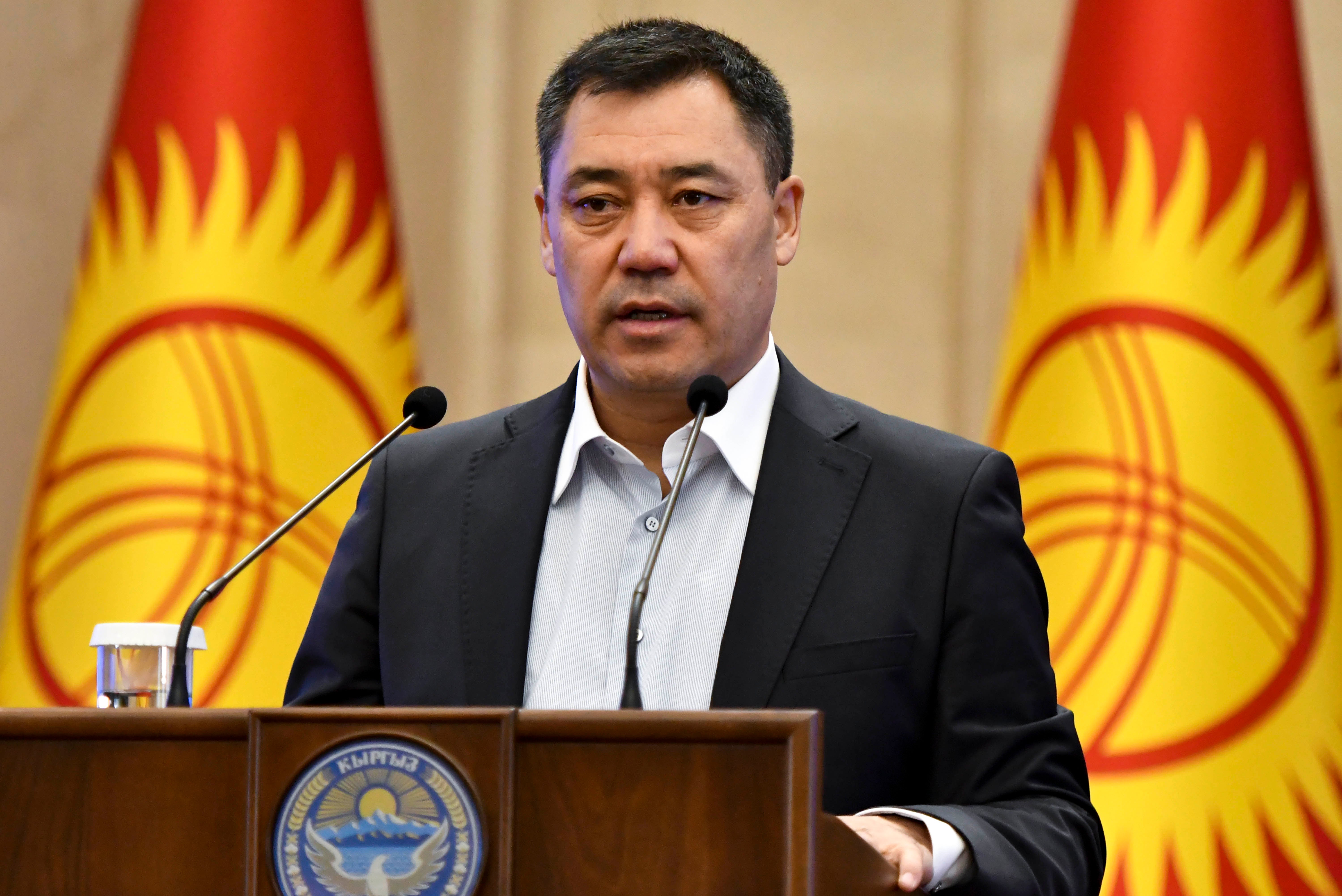 Kyrgyzstan's Prime Minister Sadyr Japarov delivers his speech during an official ceremony of transfer of the power at the Kyrgyzstan Parliament in Bishkek, Kyrgyzstan, Friday, Oct. 16, 2020.