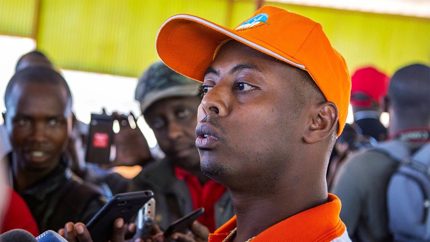 Rwandan singer Kizito Mihigo, who died in suspicious circumstances in police custody in February 2020, seen talking to reporters after his earlier release from prison, in Kigali, Rwanda, on September 15, 2018. Authorities failed to conduct credible investigations into his death.