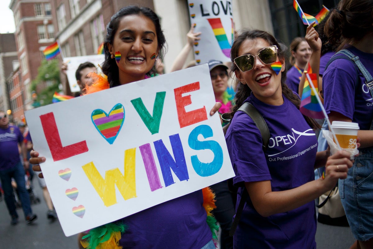 Revelers participate in the Philadelphia LGBT Pride Parade through the city's "Gayborhood" and downtown historic district in Philadelphia, Pennsylvania on June 10, 2018. 