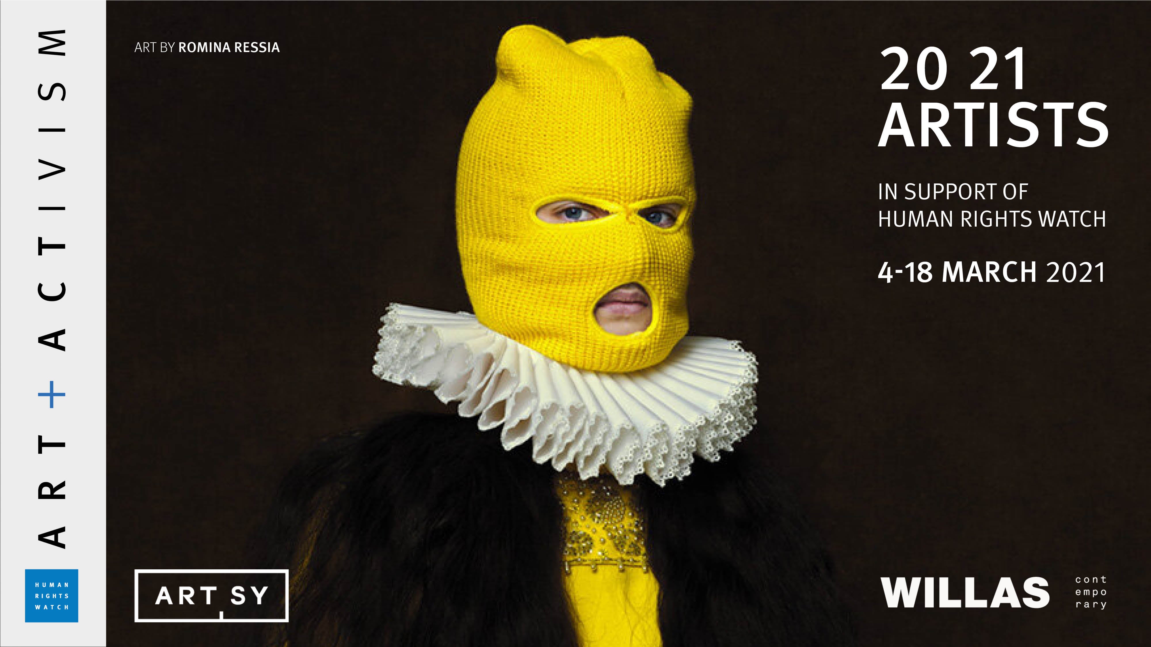 Graphic showing masked figure in an art piece with the Human Rights Watch logo and reading Art + Activism.