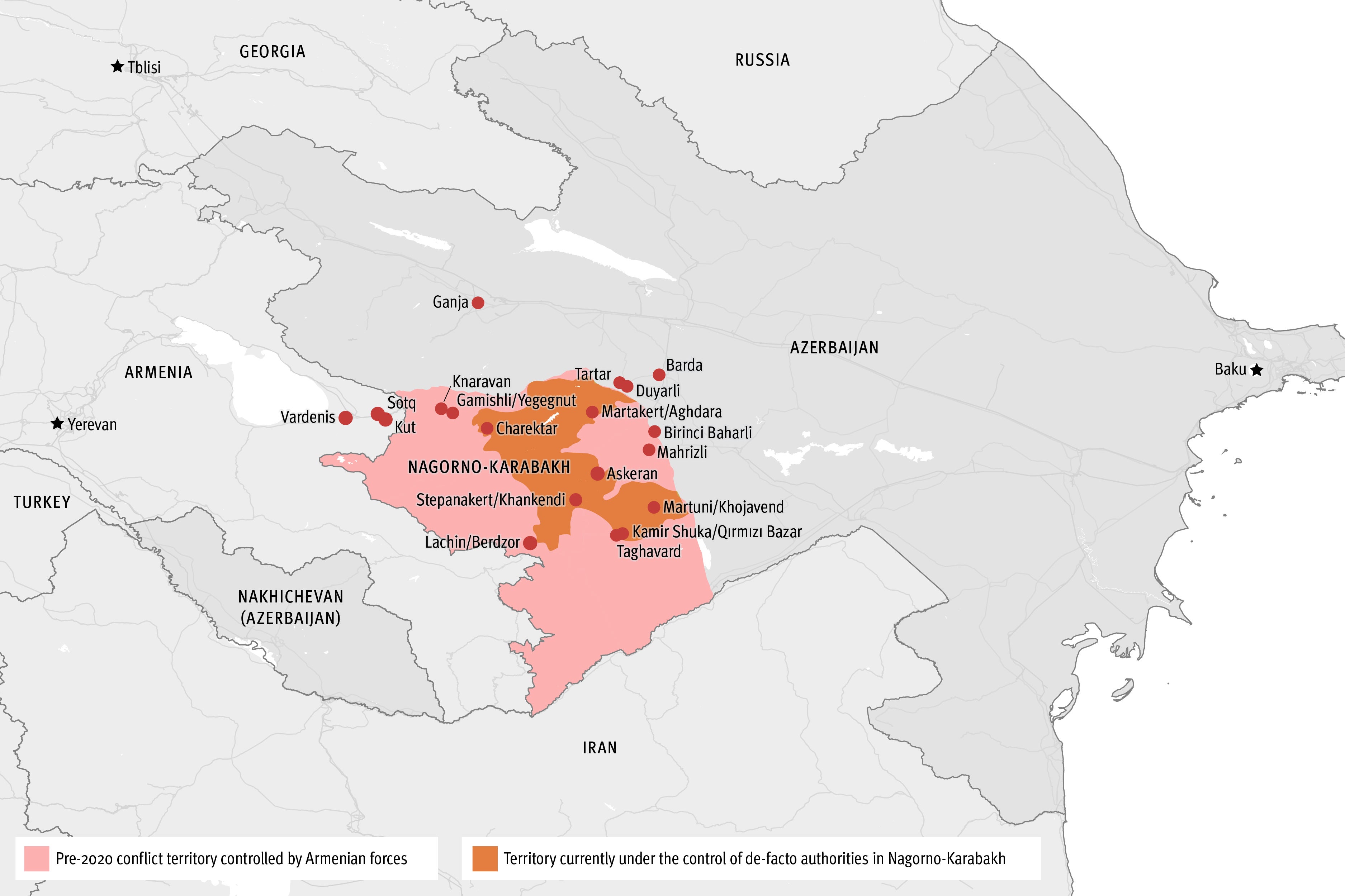 A map of disputed territory in Nagorno-Karabakh