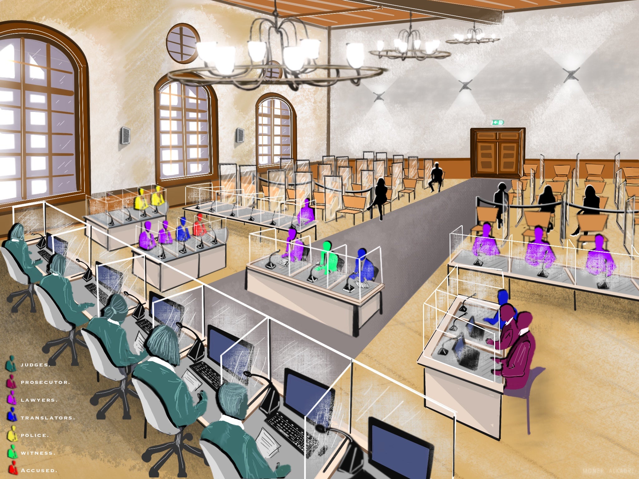 Overview illustration of a courtroom