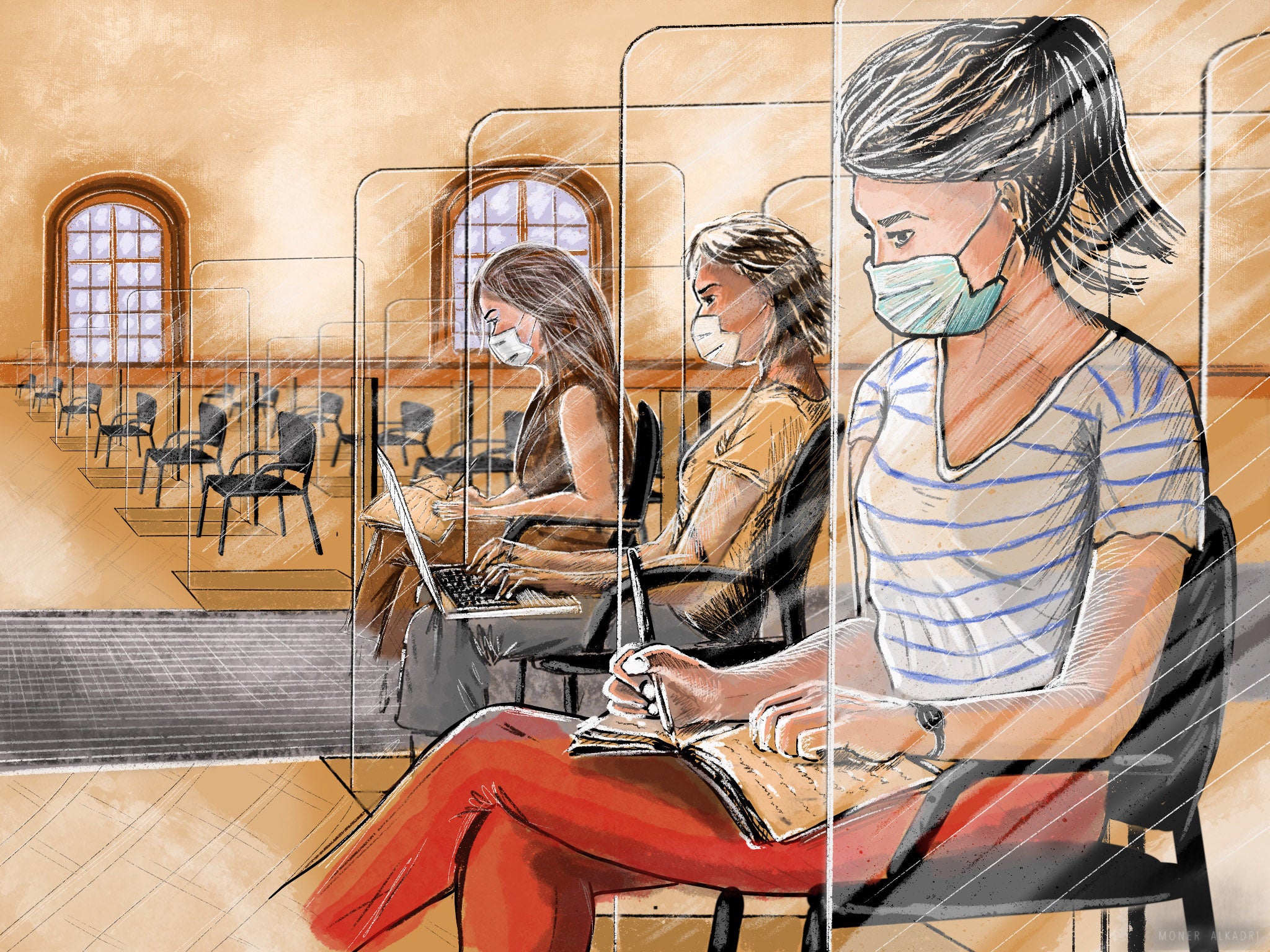 Women in face masks take notes while seated