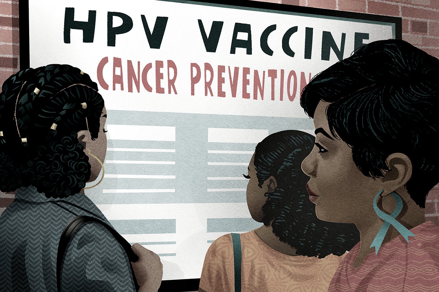 Women looking at a sign about HPV Vaccine