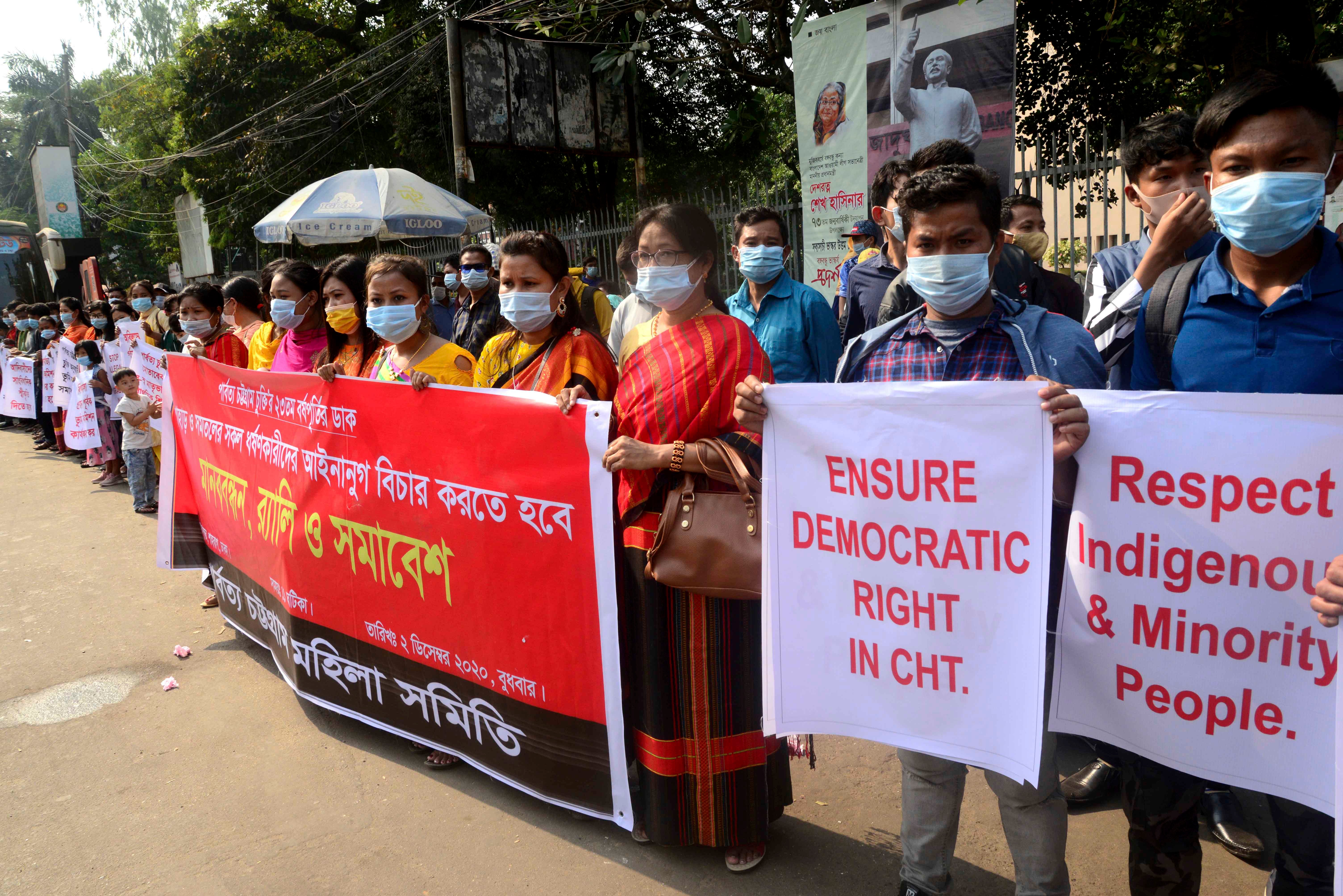 Activists of Chittagong Hill Tracts Jana Sanghati Samiti stage a protest rally demanding the implementation of the Chittagong Hill Tracts (CHT) Peace Accord, in Dhaka, Bangladesh, December 2, 2020.