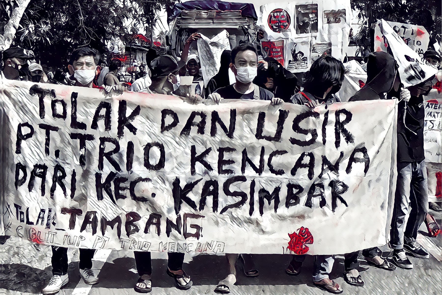 Residents in Kasimbar, who are members of the Alliance of People's Farmers, demonstrating against a gold-mining operation of PT Trio Kencana in Parigi Moutong Regency, Central Sulawesi on February 12, 2022.
