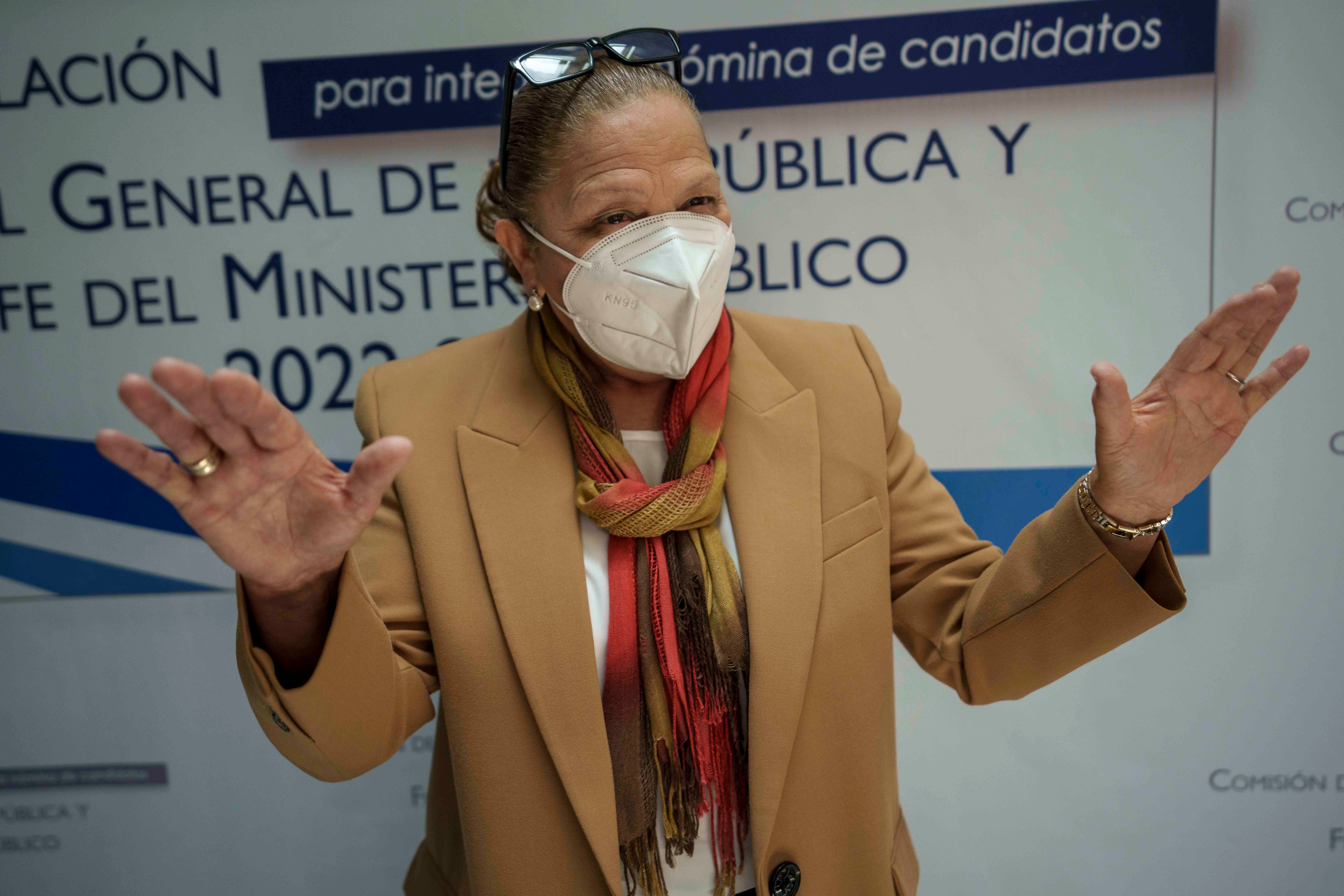 Guatemalan Attorney General Consuelo Porras, who is seeking re-election, speaks to the press after an interview with a nominating commission in Guatemala City, Wednesday, April 6, 2022.