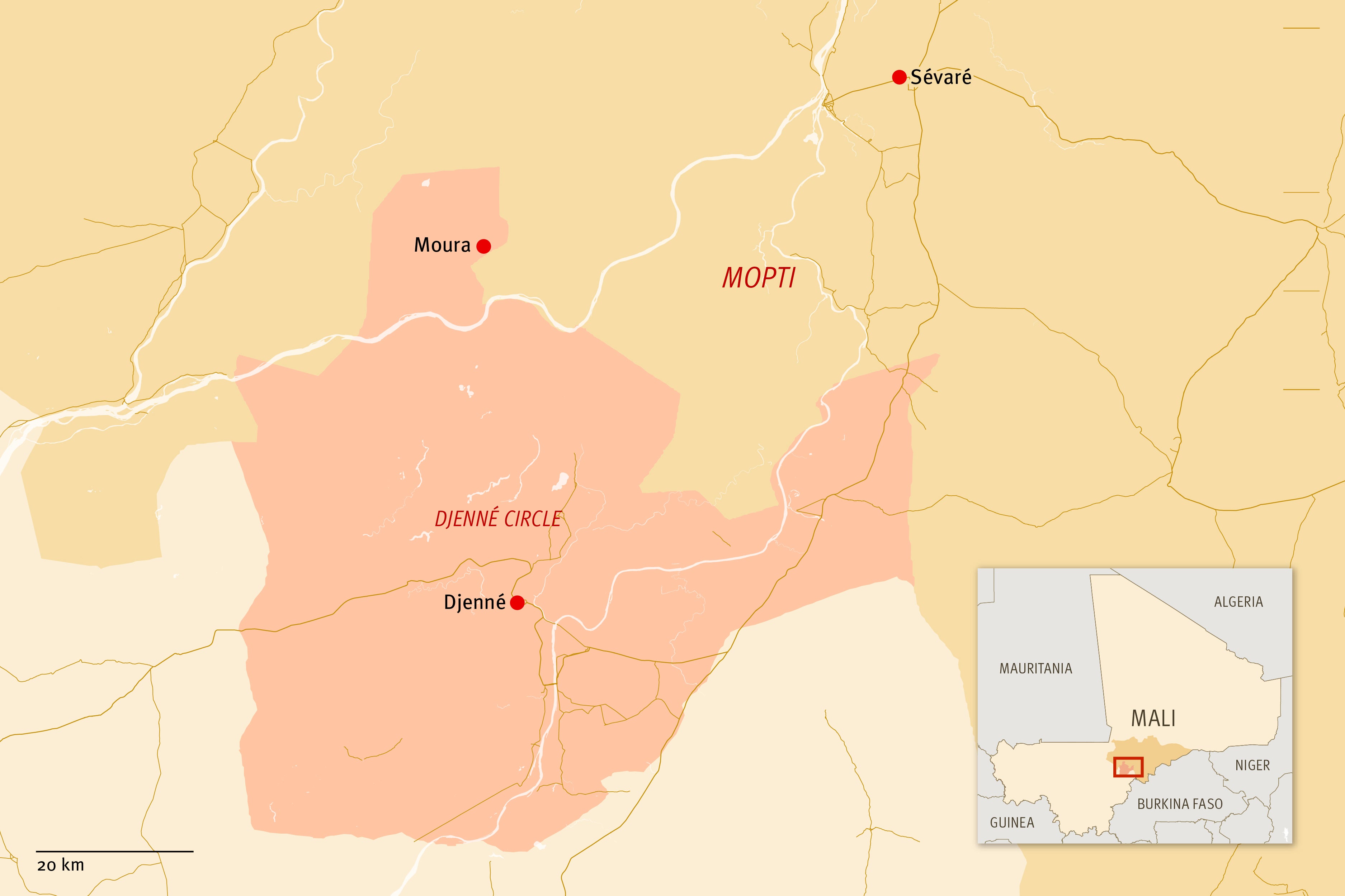 Map of Mali showing location of Moura, site of the massacre, in the center of the country