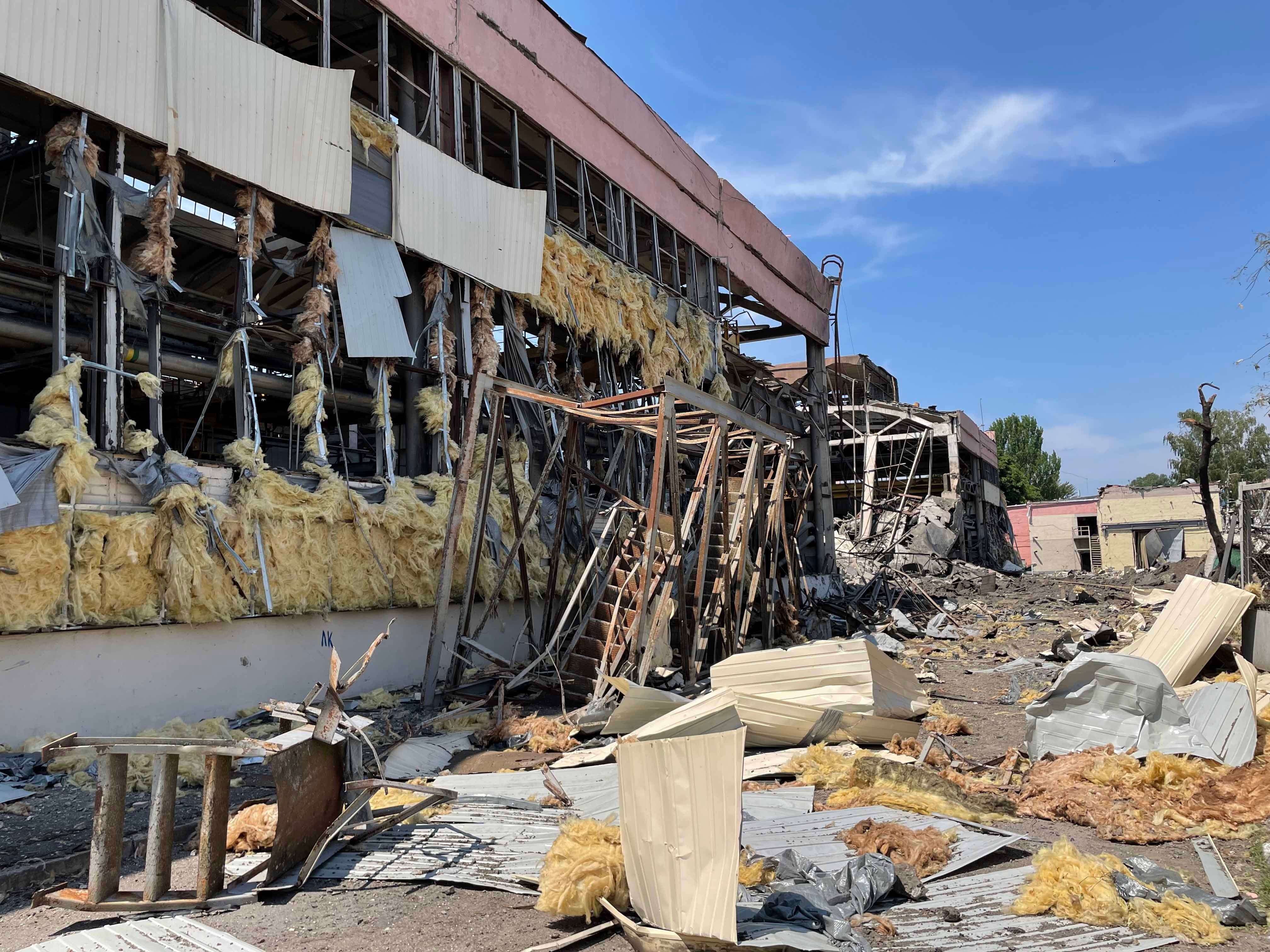 Damage to one of the structures at Kremenchuk Road Vehicle Factory, caused by the second Russian missile which struck the area of the factory on June 27, 2022. Photo taken on June 29, 2022. 