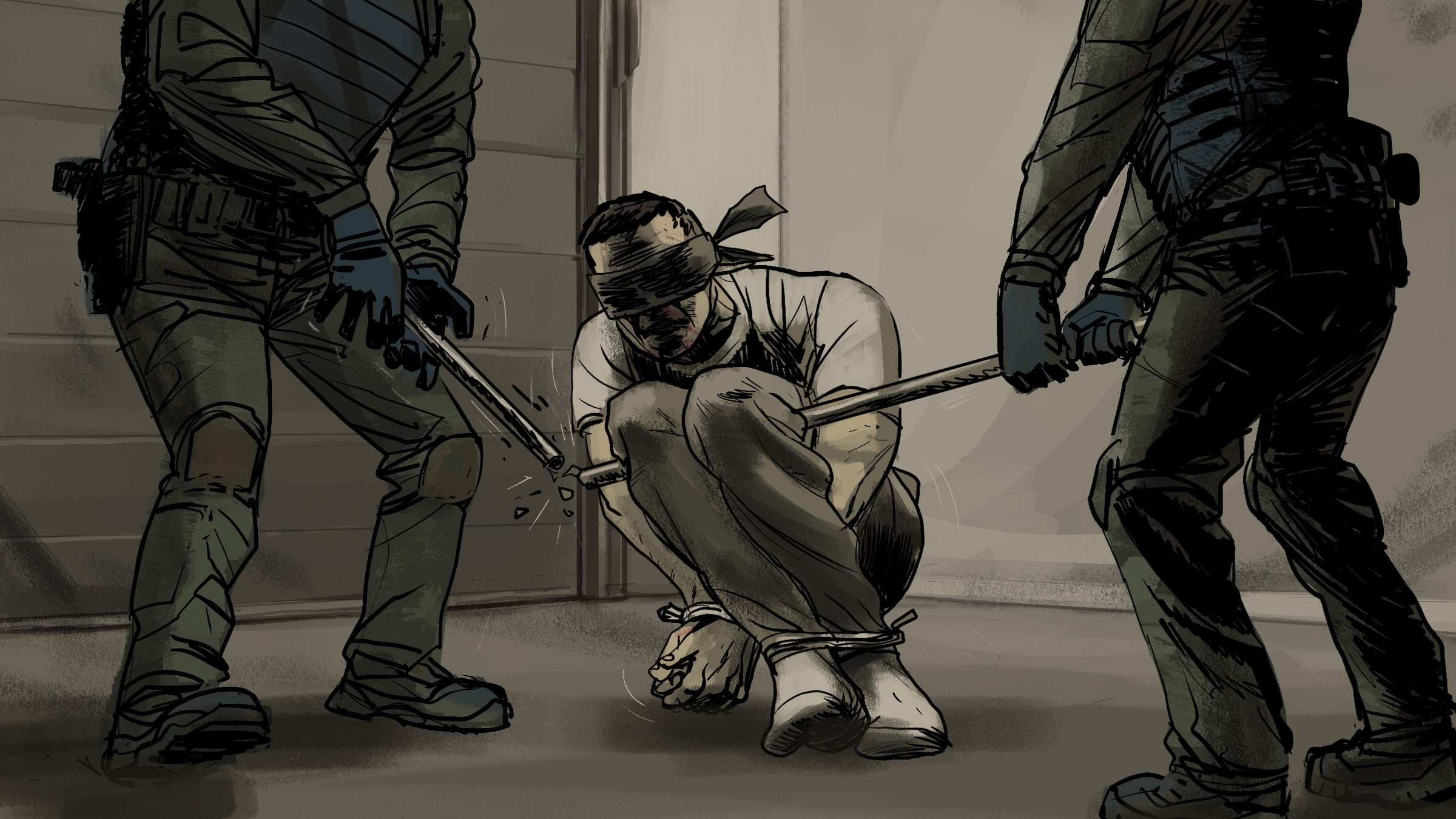 “Boghdan” dijo que los soldados le obligaron a adoptar la “posición del loro” al menos una vez. Dijo que en una ocasión el tubo de metal no pudo soportar su peso; cuando los soldados lo levantaron, el tubo se dobló y se rompió. 