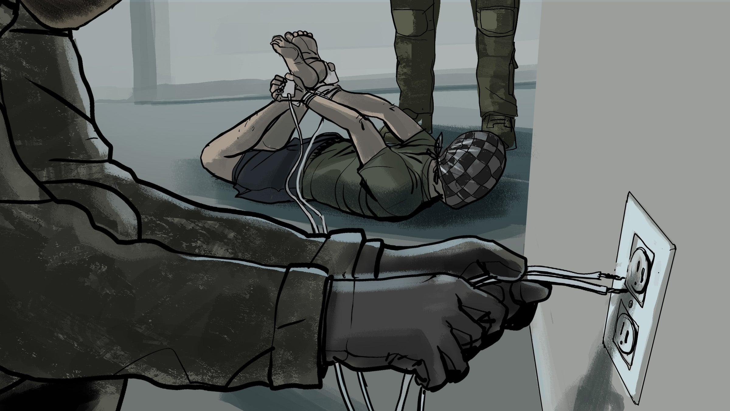 “Oleksandr” describió una posición que le obligaron a adoptar, denominada “la araña”: los soldados lo obligaron a tumbarse boca abajo y lo ataron las manos a los pies por la espalda. Luego le pusieron almohadillas eléctricas en las manos y le aplicaron descargas eléctricas. 