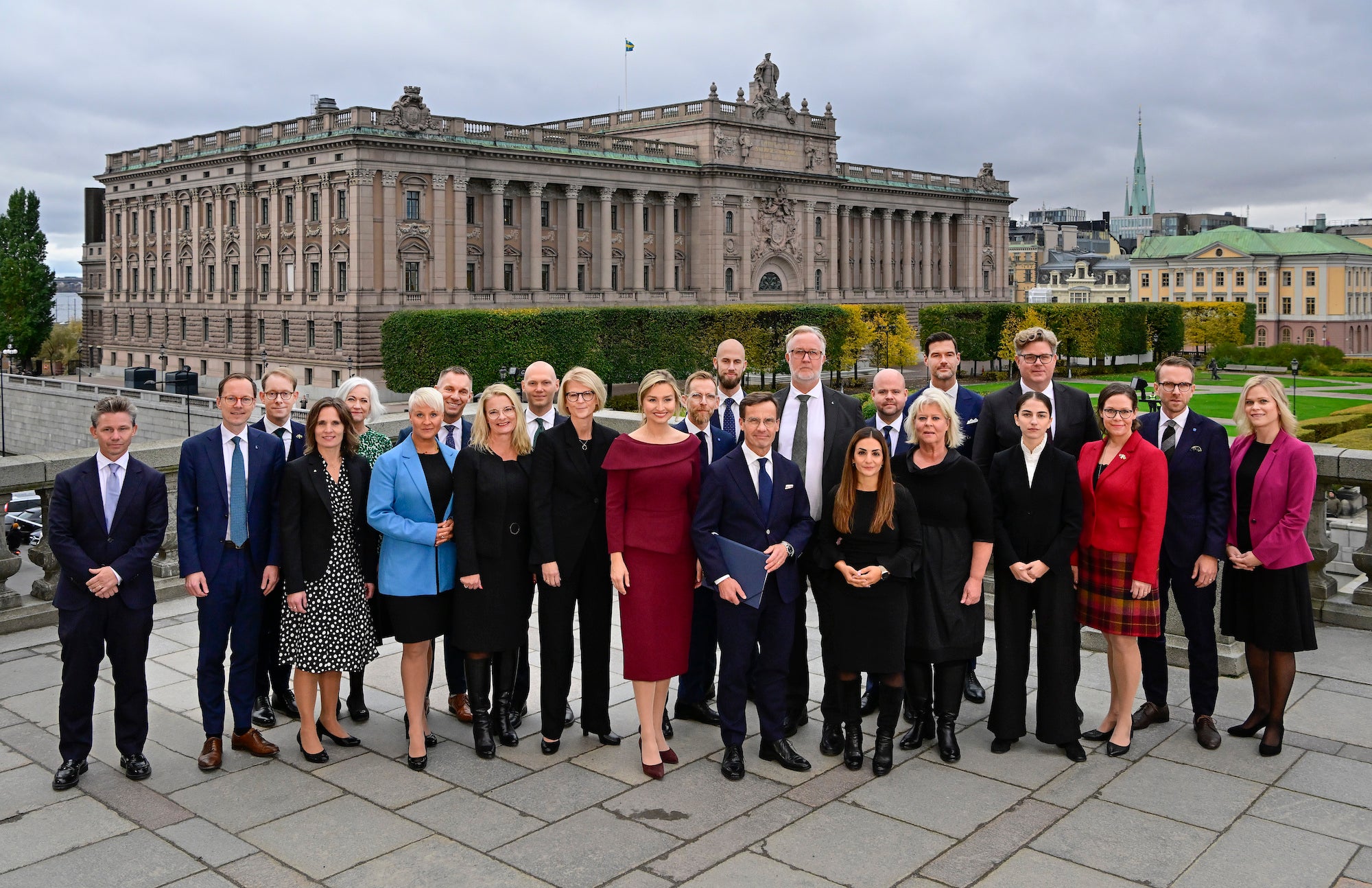 The new Swedish government pictured on Lejonbacken's terrace at Stockholm Palace, Sweden.