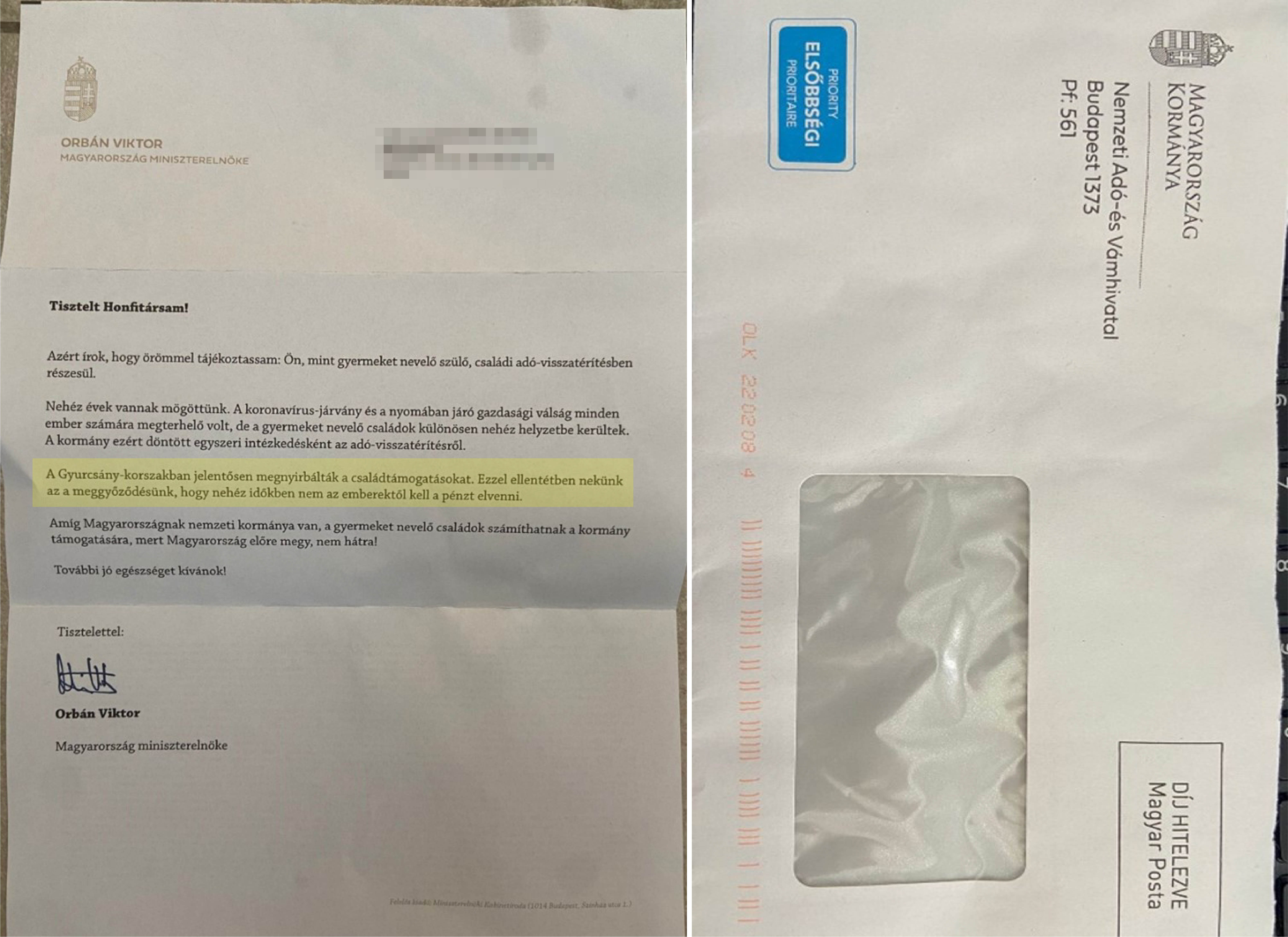 Side-by-side photos of a redacted letter and envelope