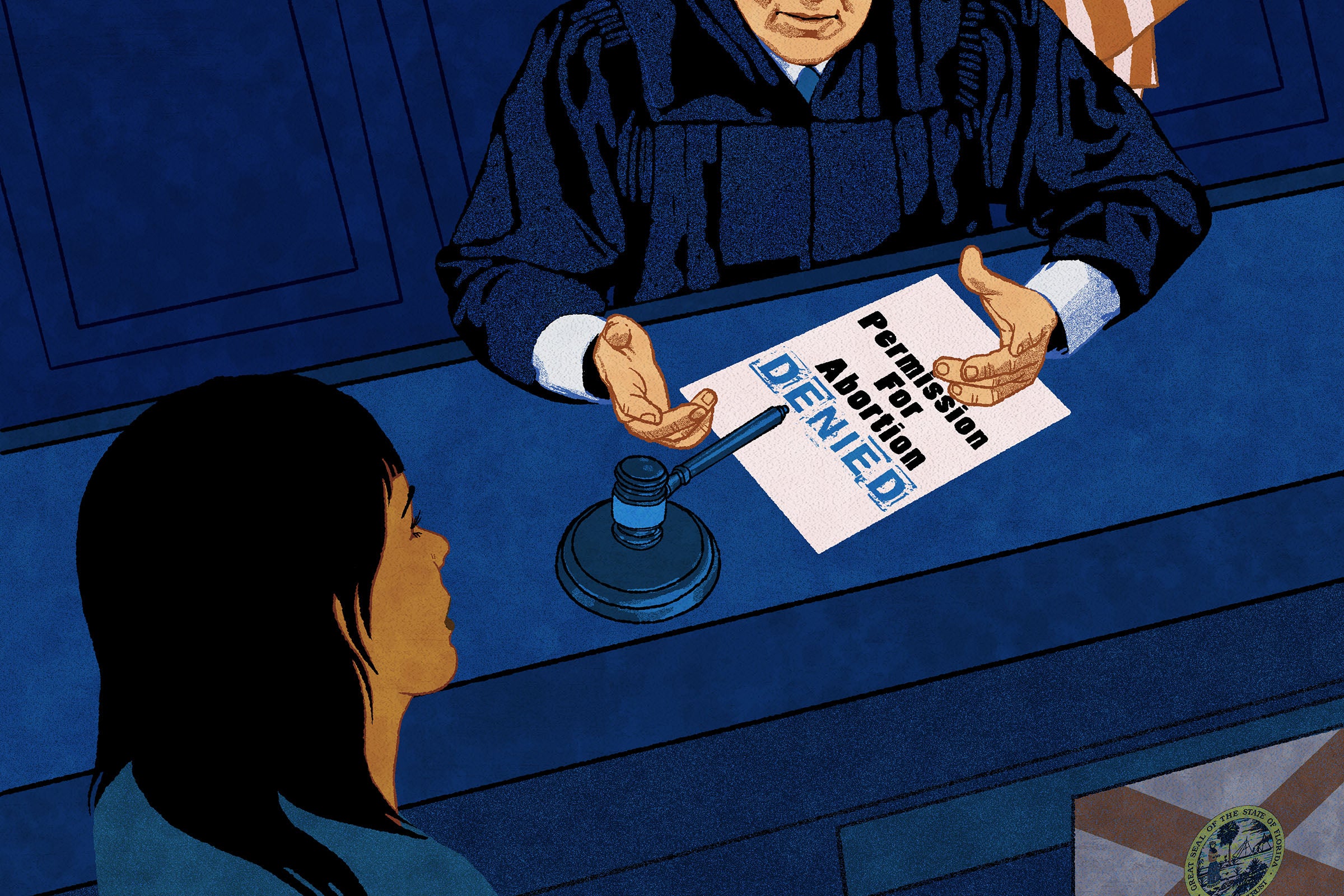 Illustration of a judge presenting a paper with the words "Permission for Abortion Denied"