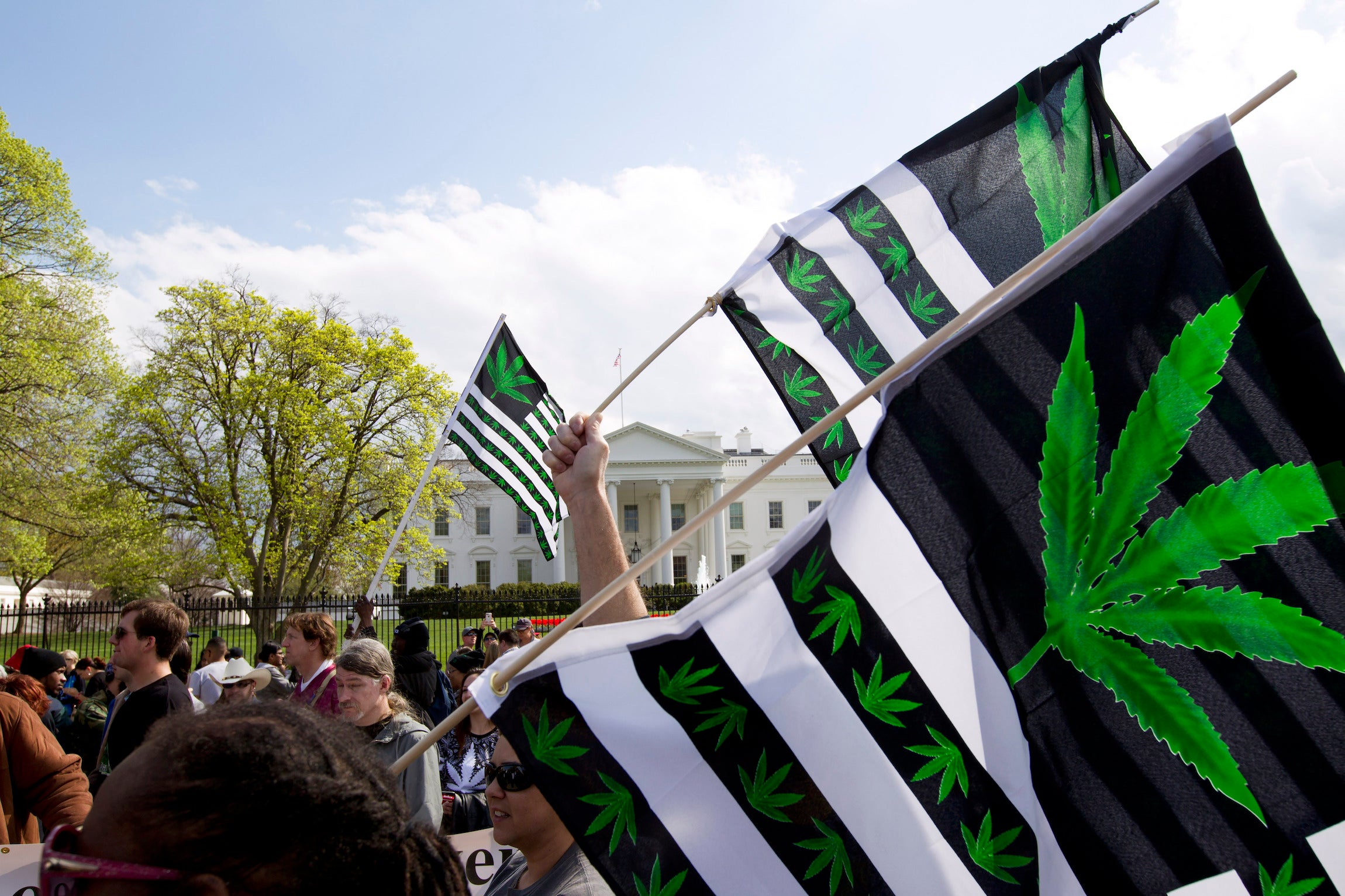 A demonstrator waves a flag during a protest calling for the legalization of marijuana, outside of the White House in Washington, DC, US.