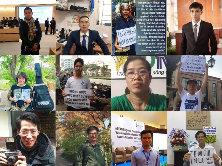 Twelve Vietnamese rights activists and bloggers currently detained for exercising their basic rights. Top row from left to right: Bui Tuan Lam, Le Manh Ha, Dinh Van Hai, Bui Van Thuan. Center row:  Pham Doan Trang, Trinh Ba Phuong, Nguyen Thi Tam, Truong Van Dung. Bottom row: Nguyen Lan Thang, Mai Phan Loi, Dang Dinh Bach, Tran Van Bang. 