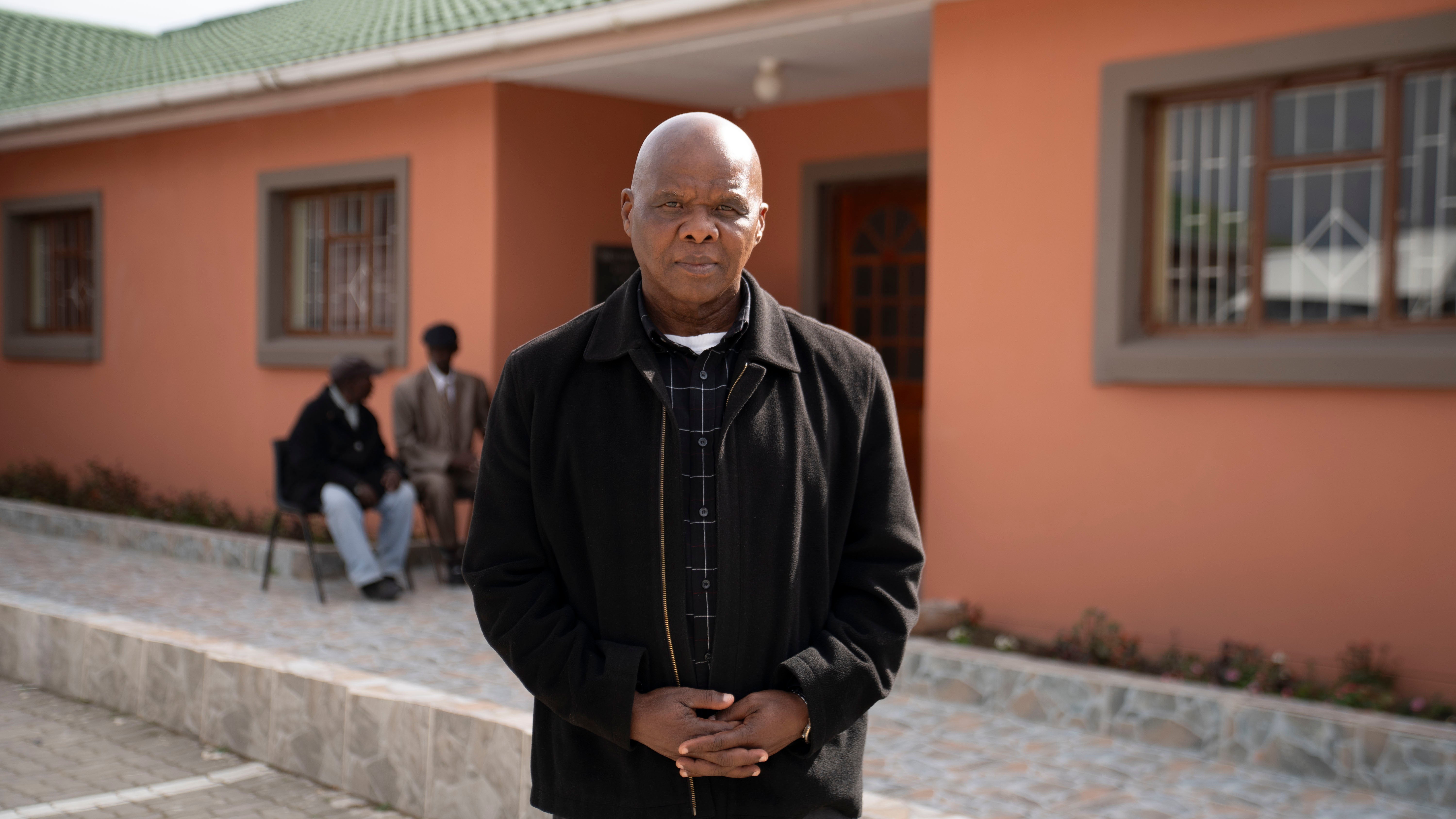 Melumzi Sauka, deputy chair of the Imbumba Association for the Aged, outside the Dimbaza Society for the Aged’s service center in Dimbaza