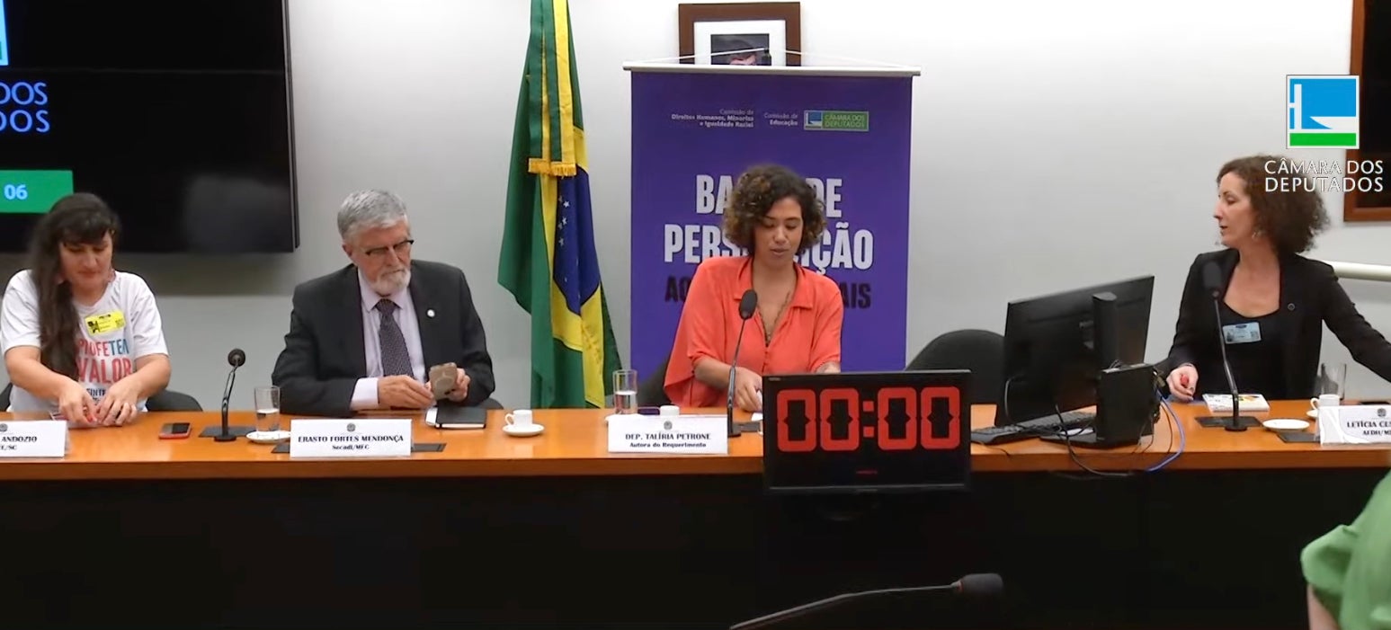 A public hearing on the “harassment of teachers in Brazil” held by the Education and Human Rights committees of the Chamber of Deputies on October 30, 2023. 