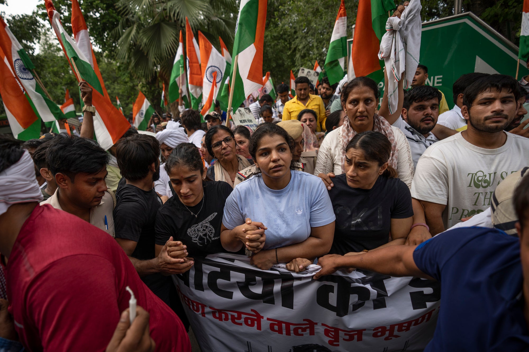 India's top female wrestlers and their supporters protest against Wrestling Federation of India President Brijbhushan Sharan Singh for alleged sexual abuse, New Delhi, May 23, 2023.