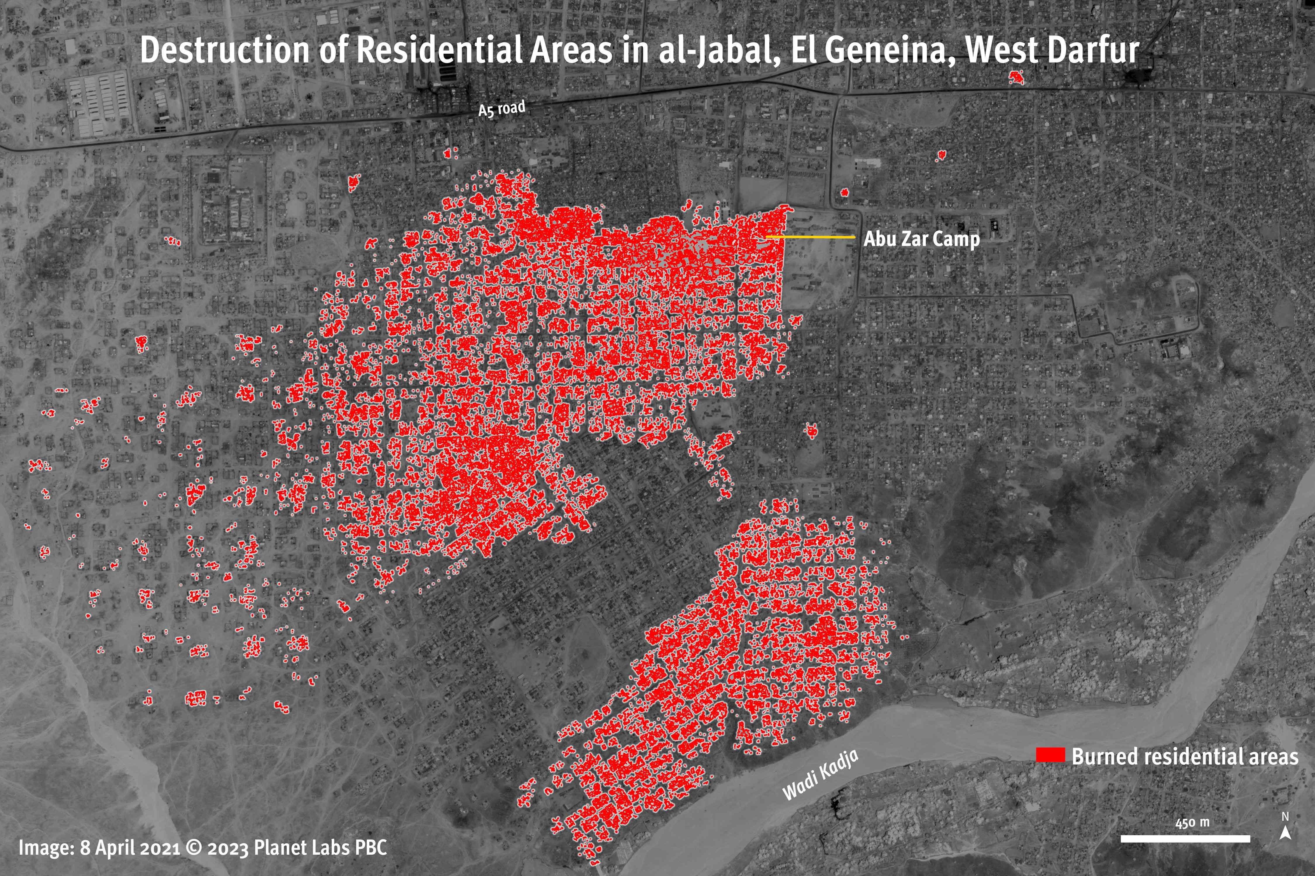 Satellite imagery analysis as of April 8, 2021, showing, in red, residential areas including in al-Jabal and the Abu Zar camp destroyed by fire in the town of El Geneina, West Darfur, Sudan. Image © 2023 Planet Labs PBC. Analysis and graphics 