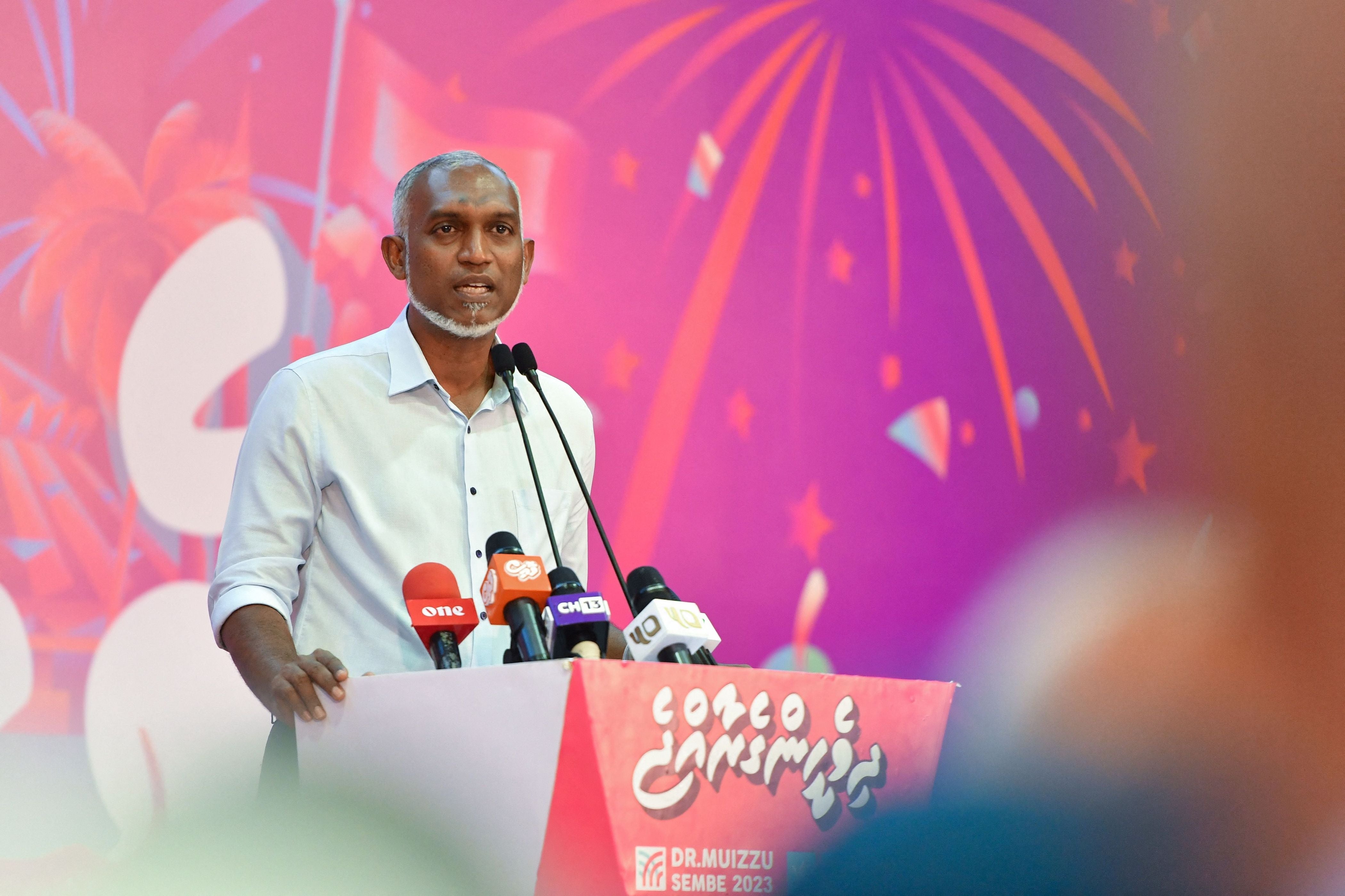 Maldives' President Mohamed Muizzu delivers a speech in Malé on October 2, 2023. 