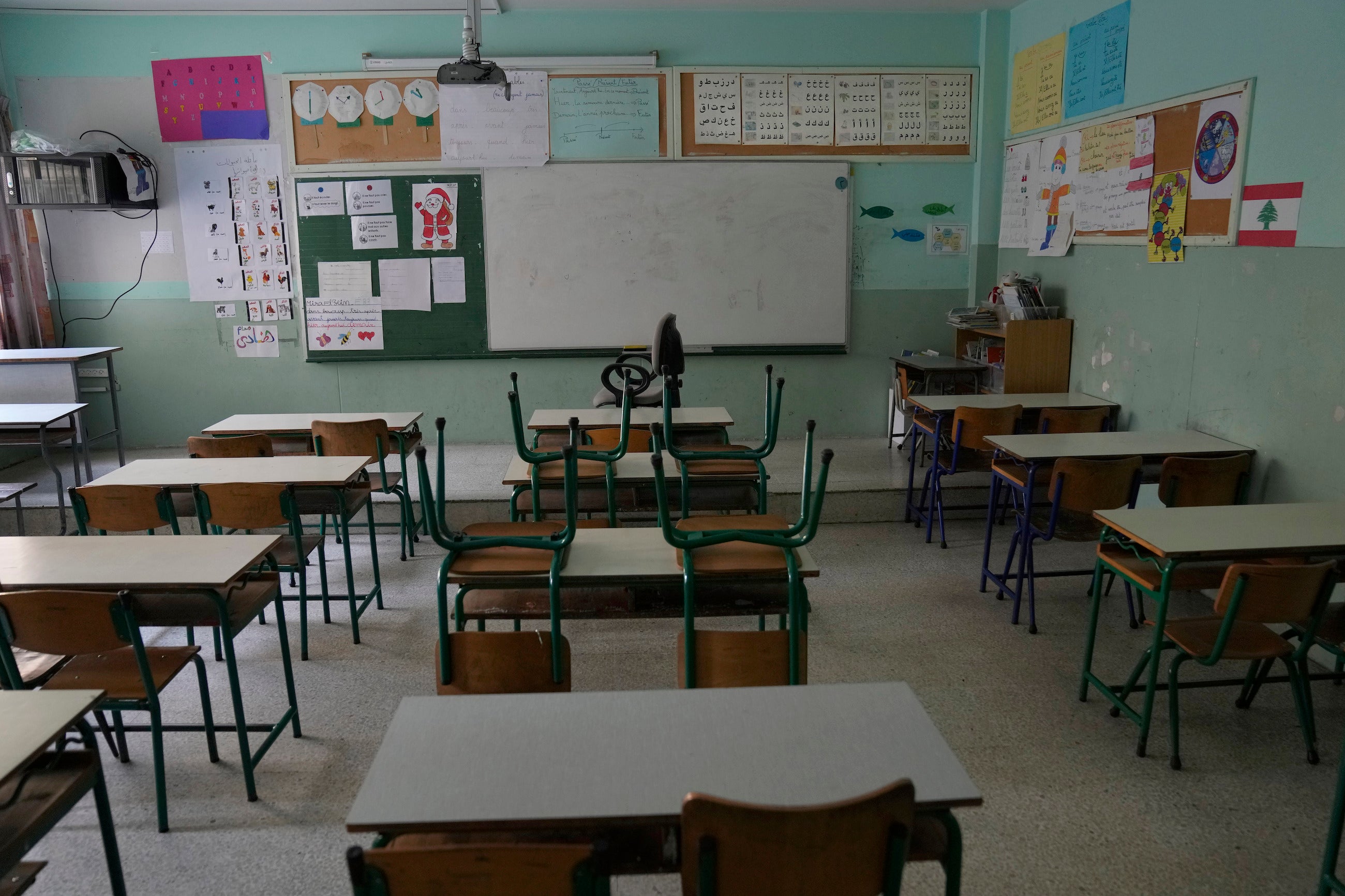 An empty classroom in a closed public school is seen in Beirut, Lebanon, March 2, 2023.