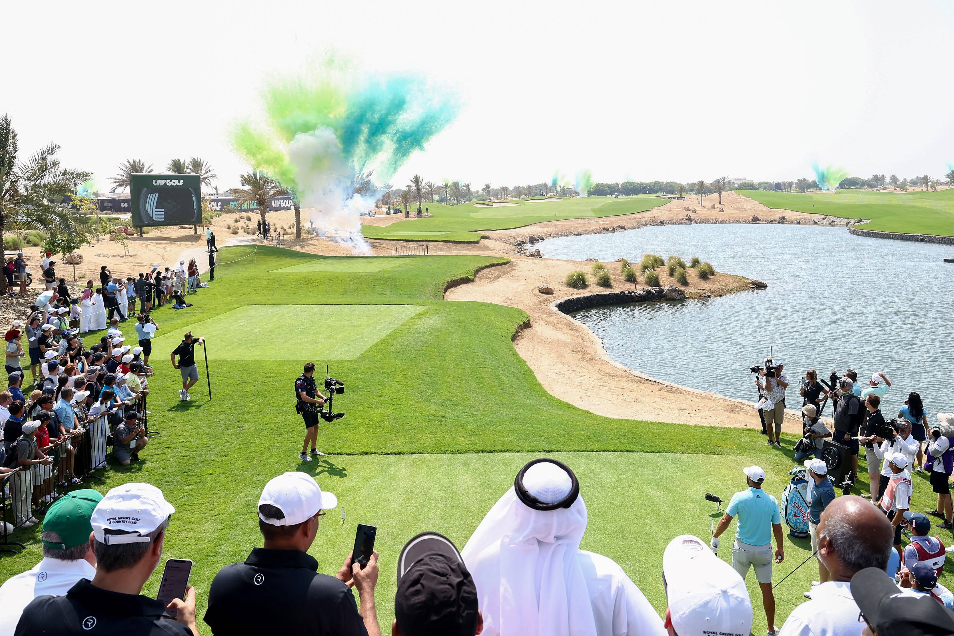 Fans watch from the first tee during day one of the LIV Golf Invitational - Jeddah at Royal Greens Golf & Country Club on October 14, 2022, in King Abdullah Economic City, Saudi Arabia. 
