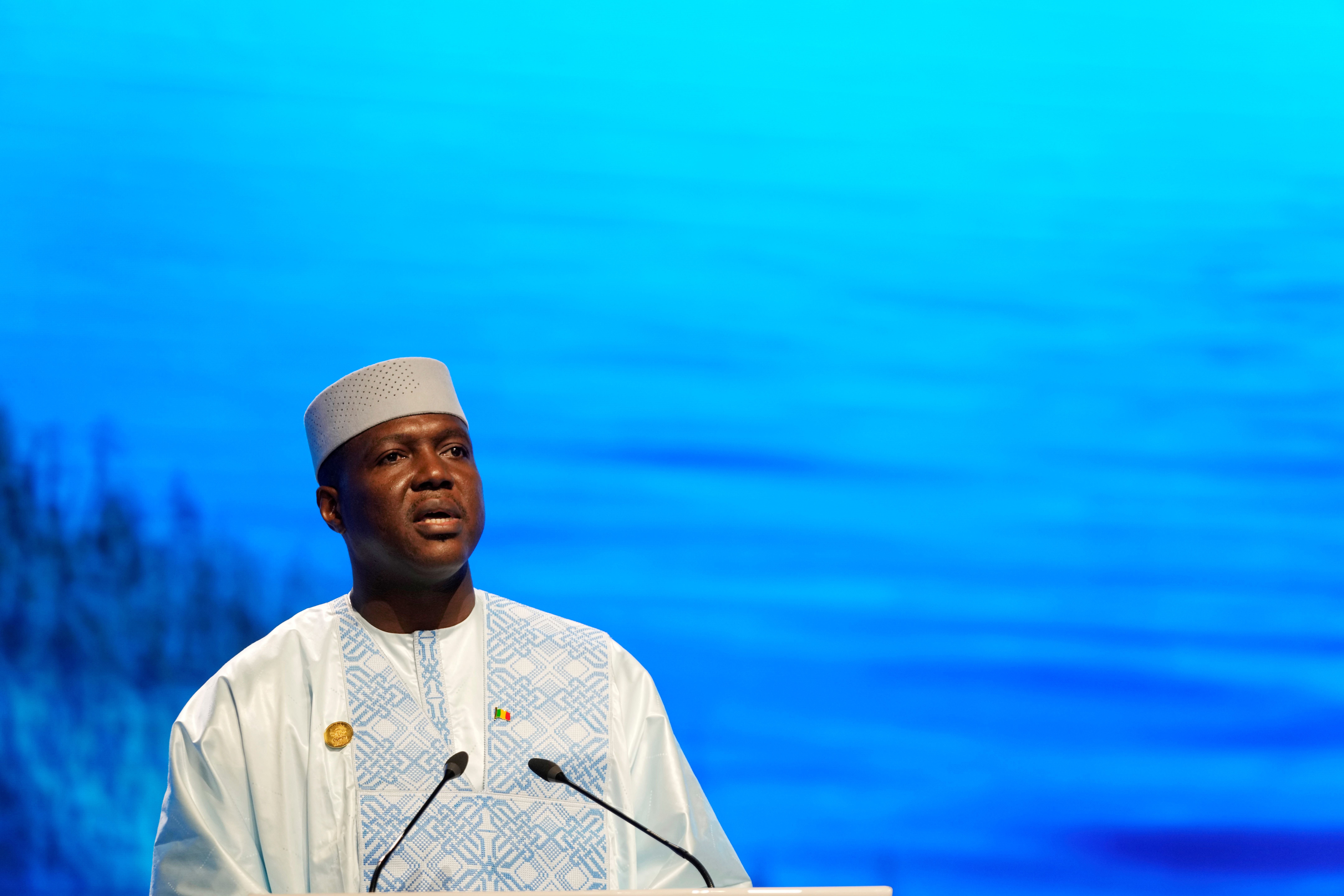 Abdoulaye Maiga, Malian minister of territorial administration, speaks at the COP27 UN Climate Summit, November 8, 2022, in Sharm el-Sheikh, Egypt.