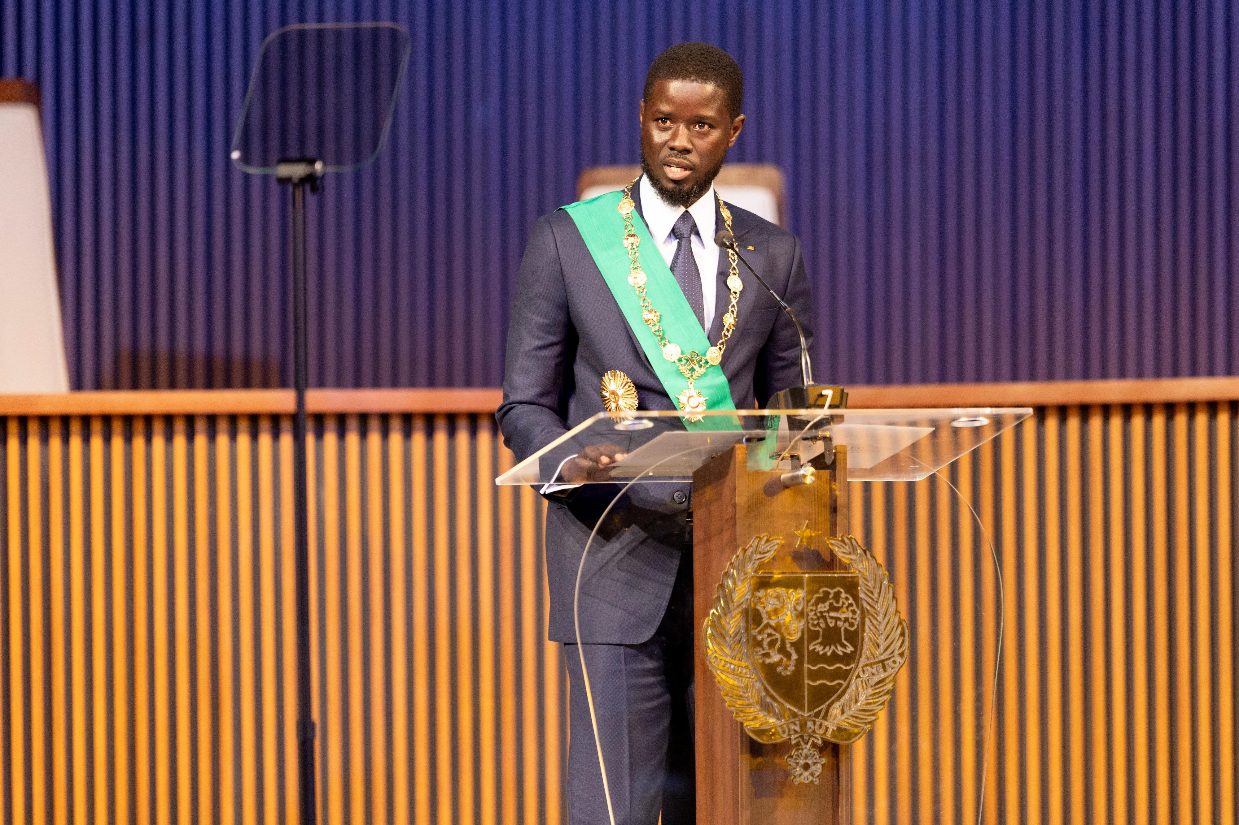 Bassirou Diomaye Faye delivers his inaugural speech after being sworn in as Senegal's president in Dakar, Senegal, April 2, 2024.