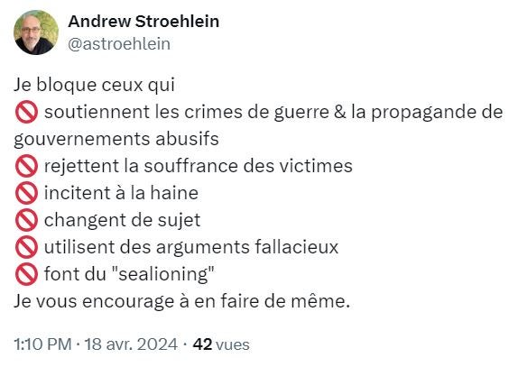 Andrew Stroehlein décrit les règles qu'il applique pour bloquer des personnes sur ses comptes de réseaux sociaux dans une publication sur Twitter.