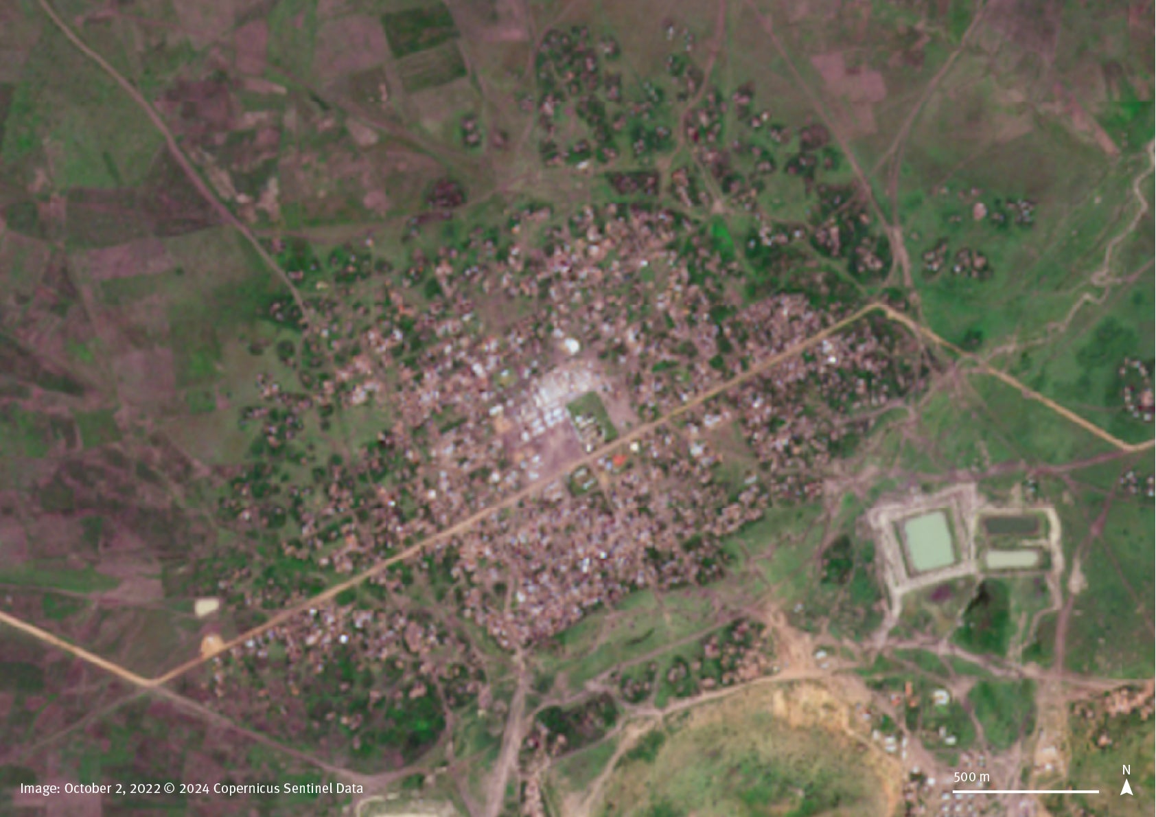 Satellite imagery comparison between October 2, 2022 and October 11, 2024, shows  that by October 2024 vegetation has encroached through the town of Habila, South Kordofan, Sudan. Paths and courtyards around the houses are usually cleared during the rainy season, but are visibly covered by vegetation in 2024. 