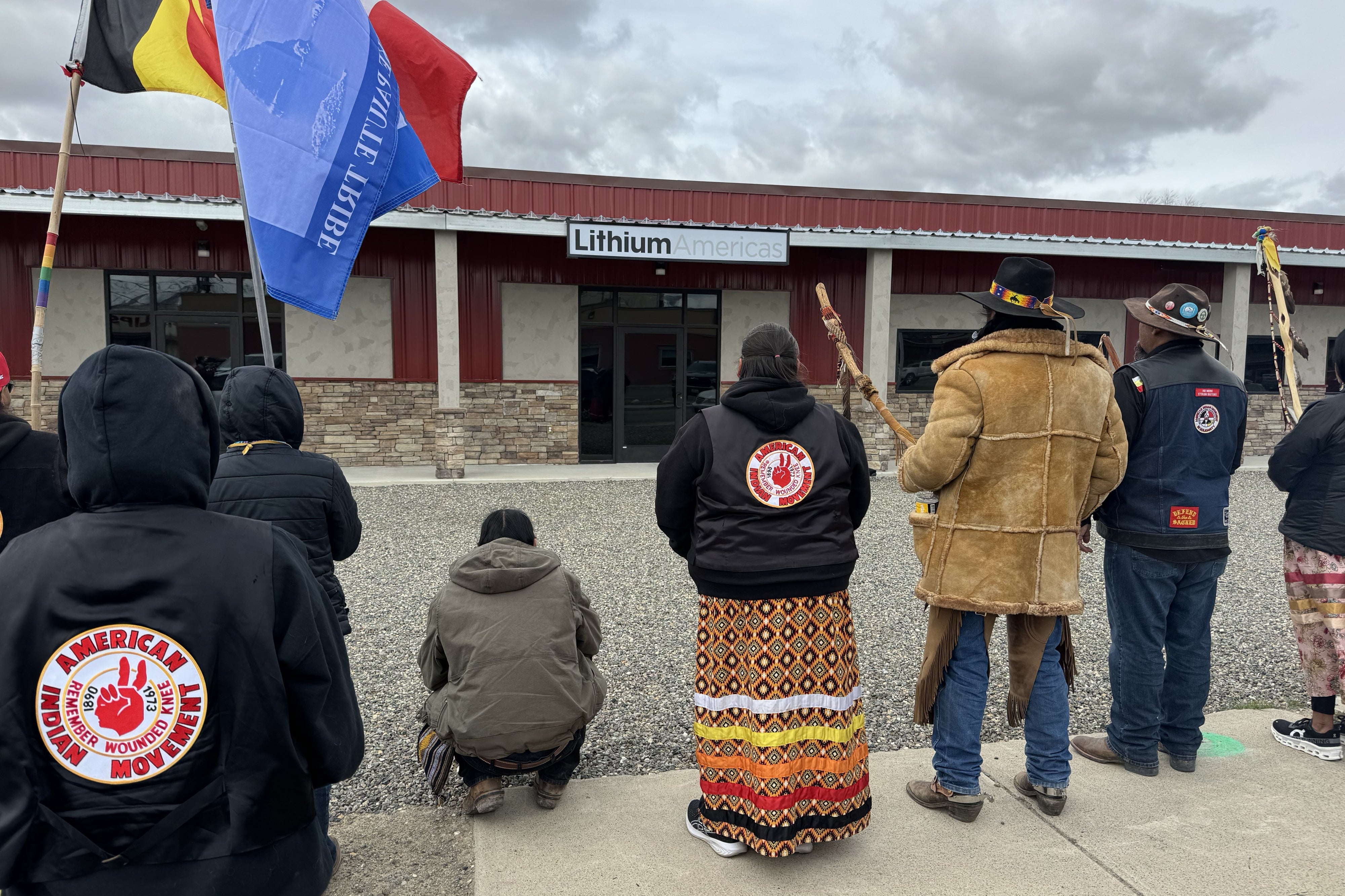 Numu/Nuwu and Newe community members gathering outside of Lithium Americas’ Winnemucca office