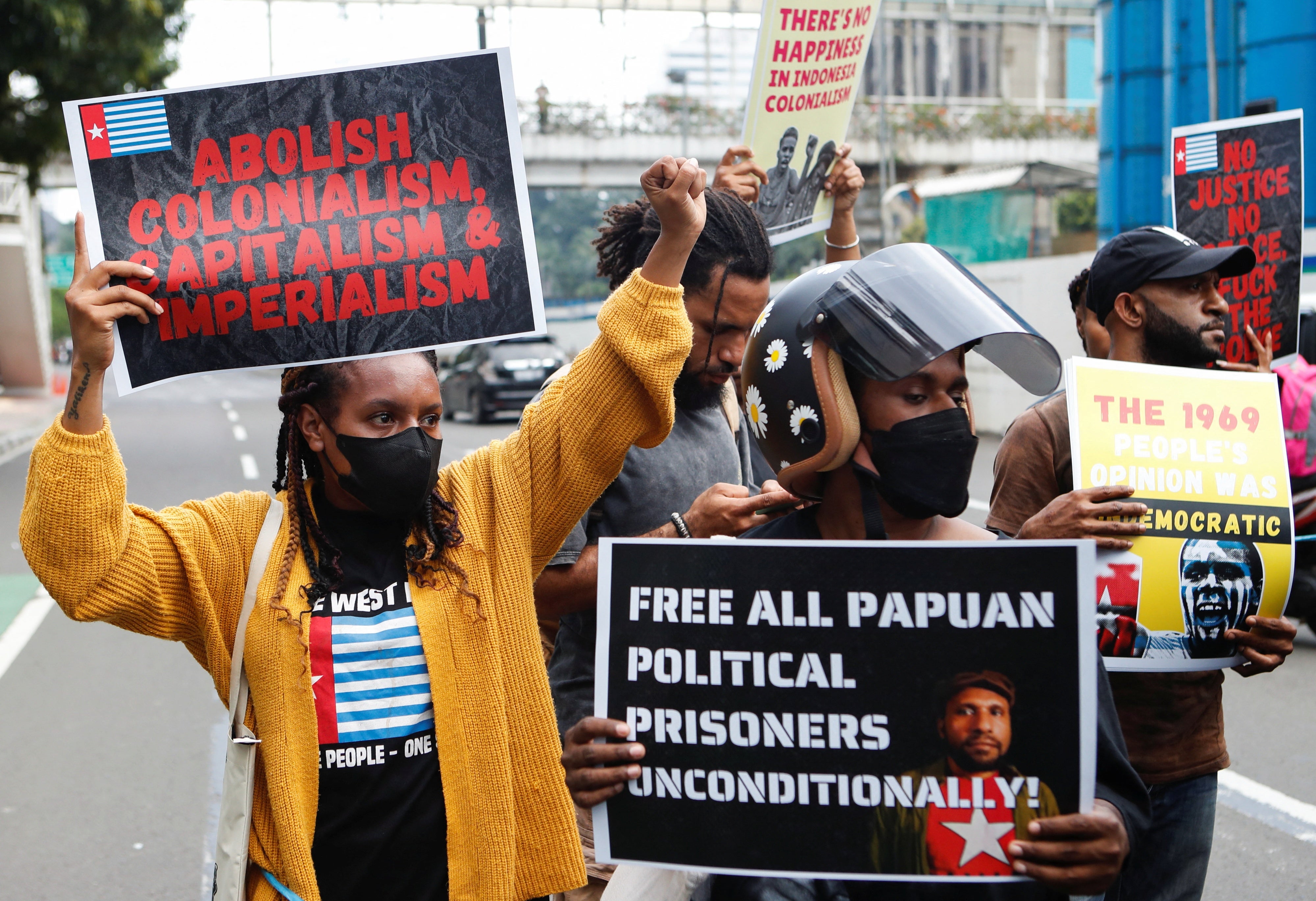 Demonstrators commemorate the 1961 Indonesian military invasion of West Papua outside the United Nations building in Jakarta, Indonesia, December 19, 2022.