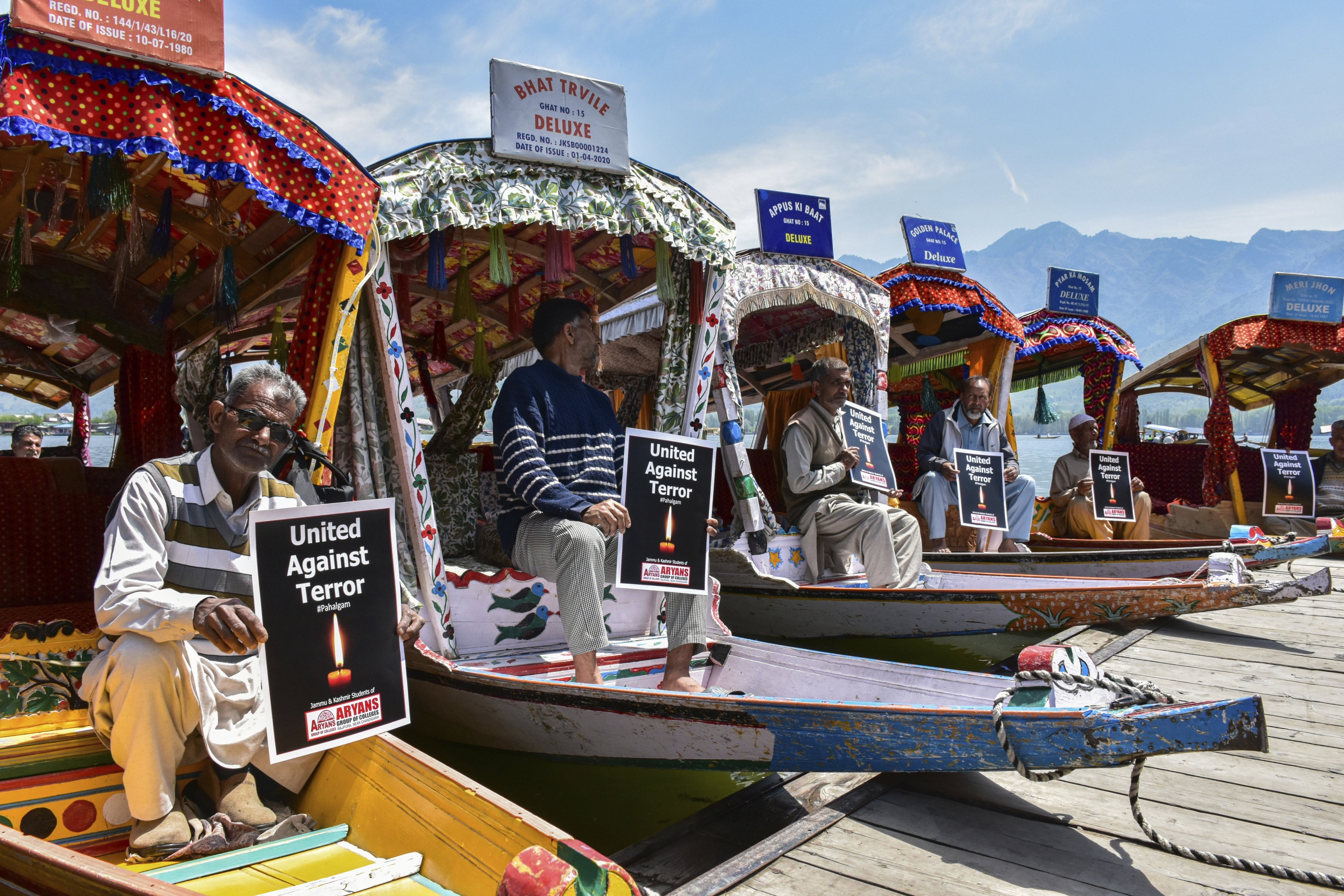 Kashmiri boatmen protest the deadly militant attack on tourists at a famous tourist resort Pahalgam, Srinagar, India. April 24, 2025.