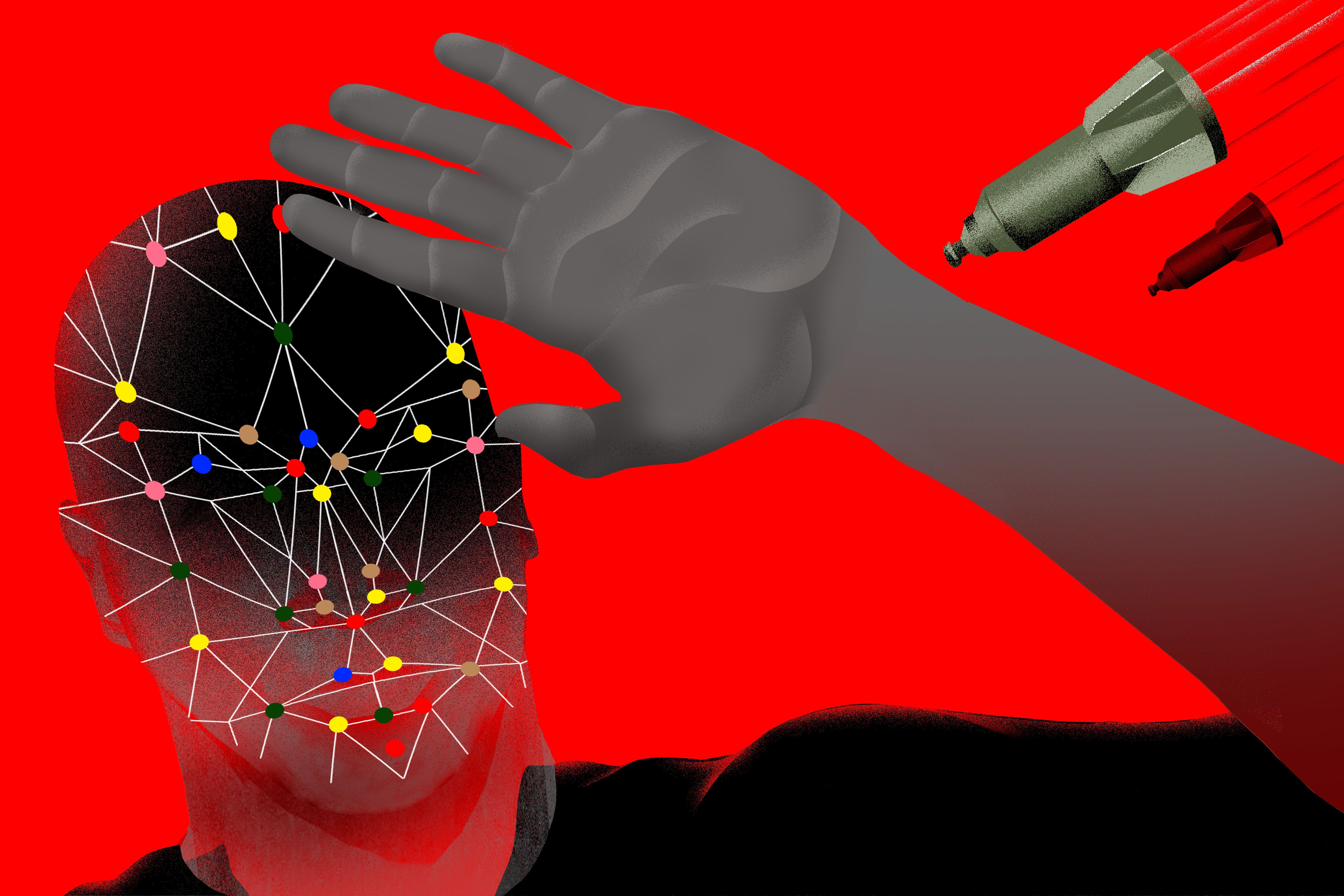 رسم توضيحي لشخص يحمي وجهه من الأسلحة ذاتية التشغيل القادمة