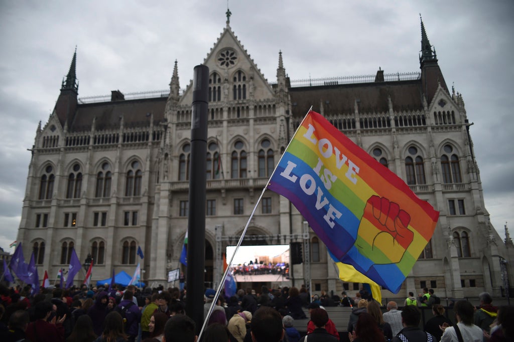 An LMBT+ flag at a rally in front of the Hungarian Parliament in Budapest, Hungary, on April 14. The protests erupt after the parliament passes legislation restricting the right to assembly, banning Pride Marches. 