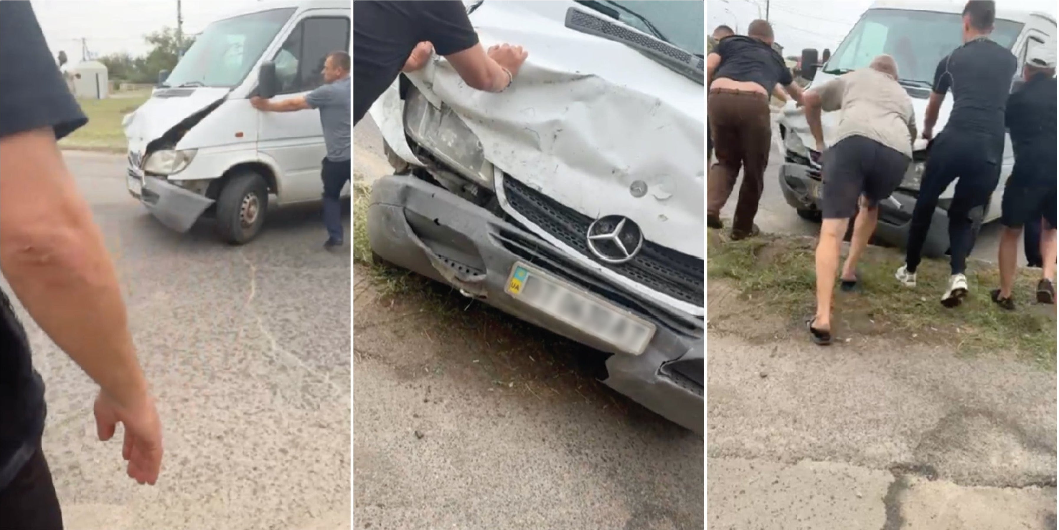 3 video screengrabs showing residents pushing Petro’s damaged van