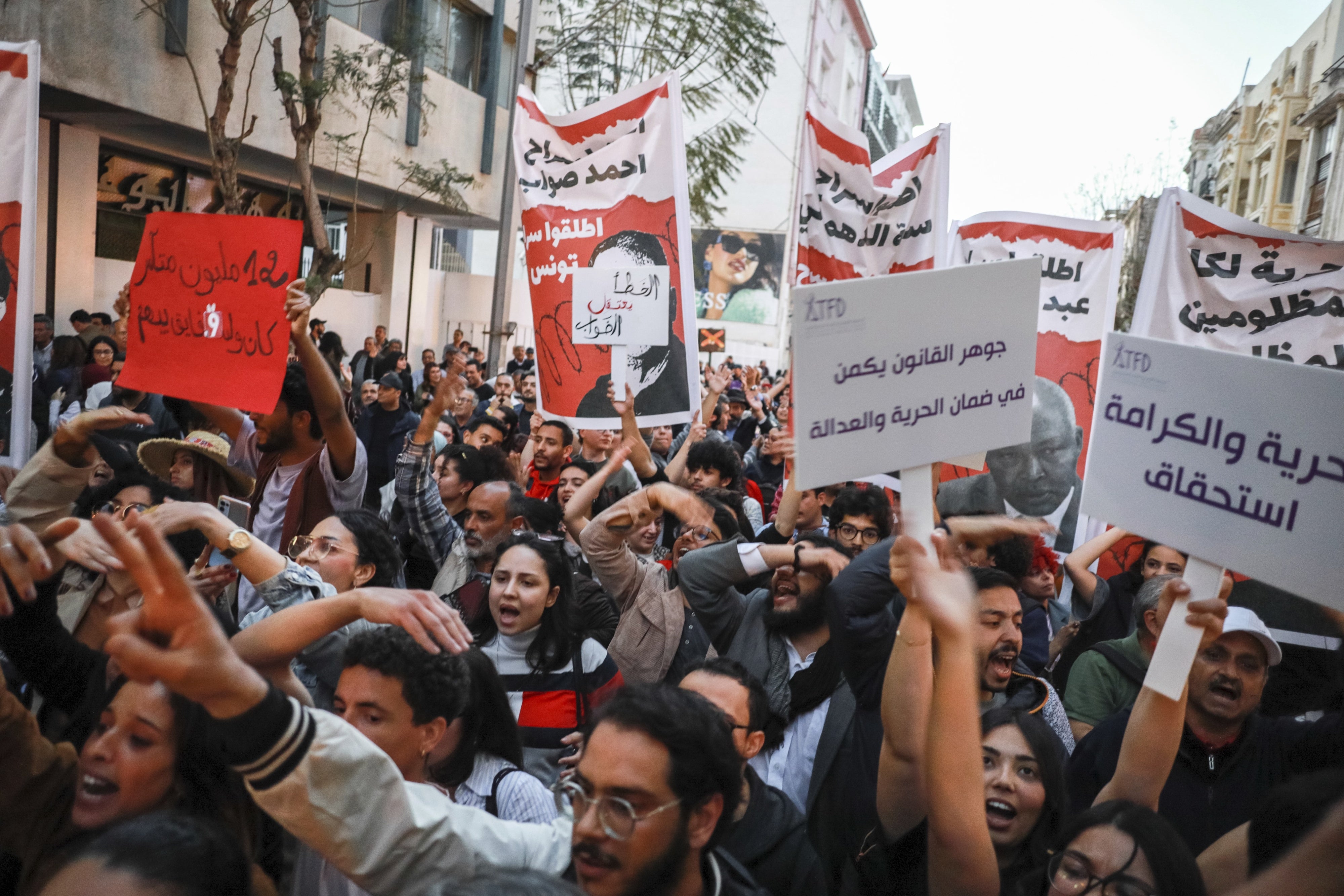A demonstration to protest the detention of Ahmed Souab in Tunis, Tunisia, April 25, 2025.