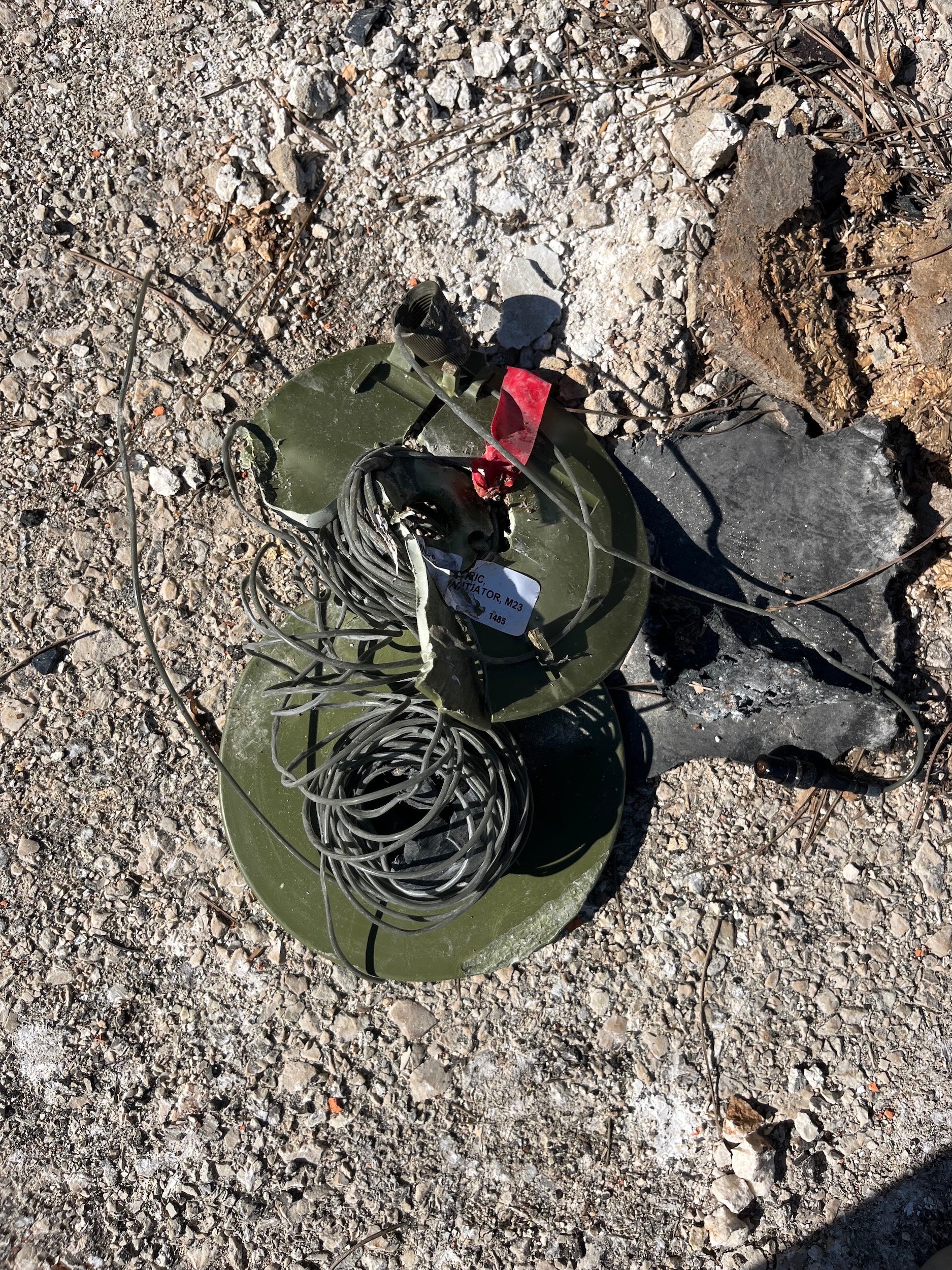 A shock tube typically used in controlled demolitions found at Atia al Shaab Secondary Public School, Lebanon, January 30, 2025.
