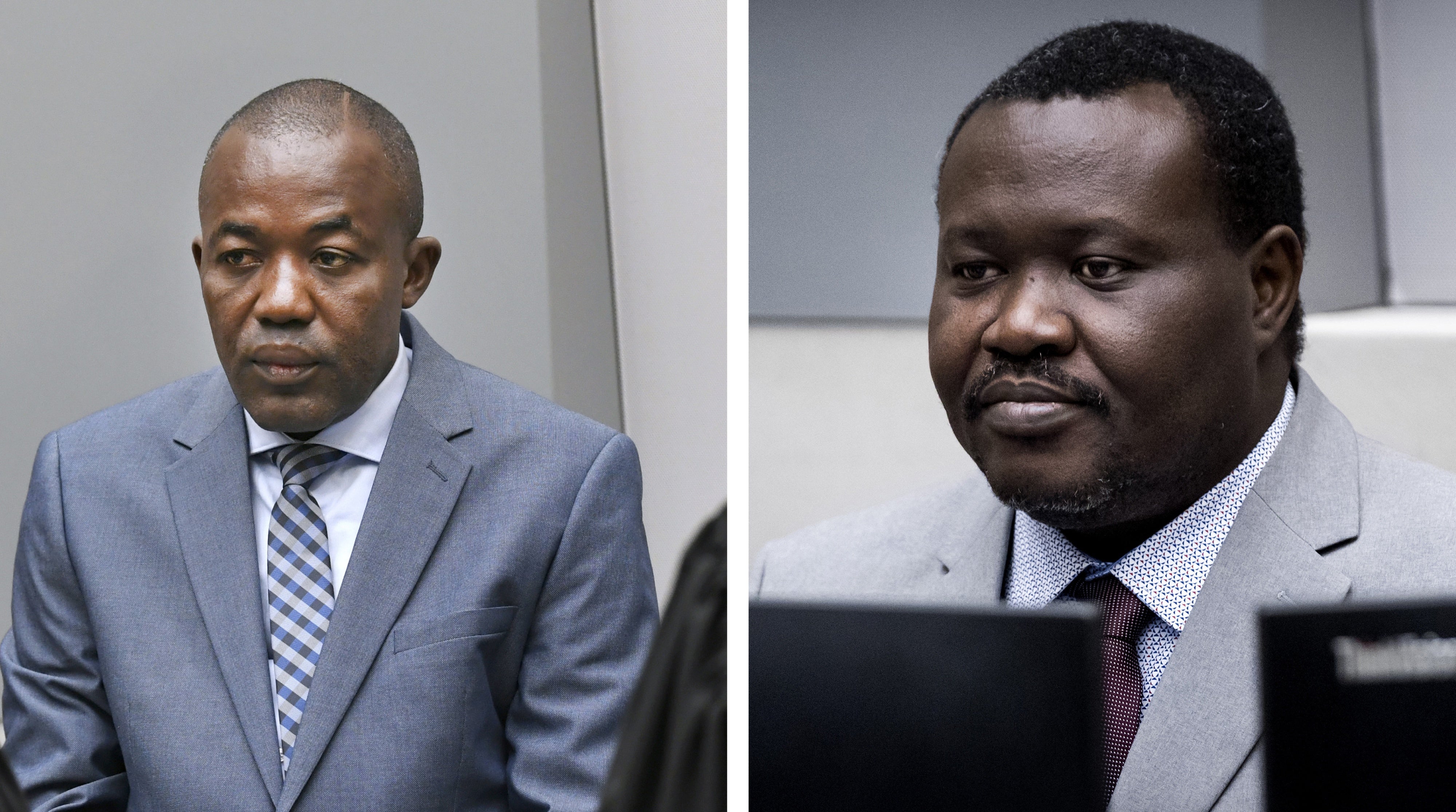 Alfred Yékatom, left, and Patrice-Edouard Ngaïssona, right, taken on Nov. 23, 2018 and Jan. 25, 2019 respectively when they appeared before the International Criminal Court (ICC) in The Hague, Netherlands.