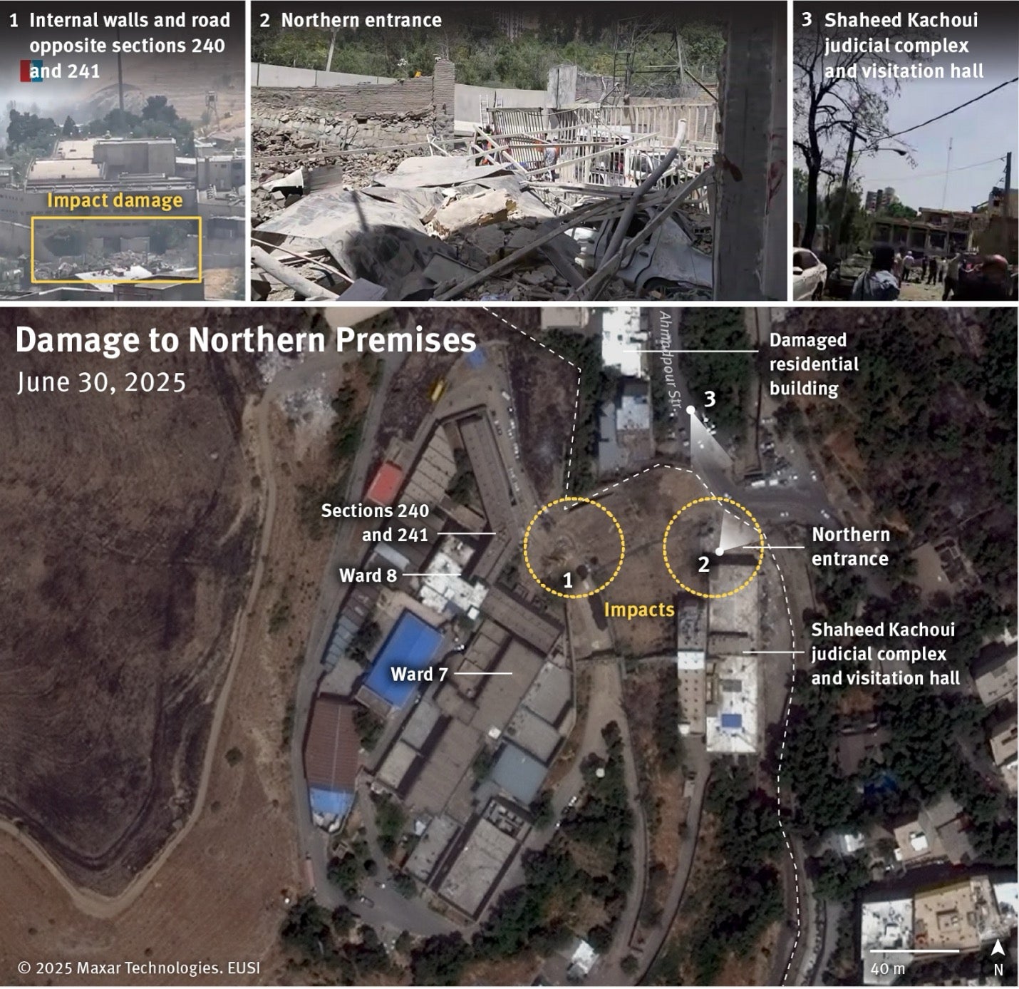 Satellite imagery from June 30, 2025 shows two apparent impact sites in the northern premises of Evin prison. 