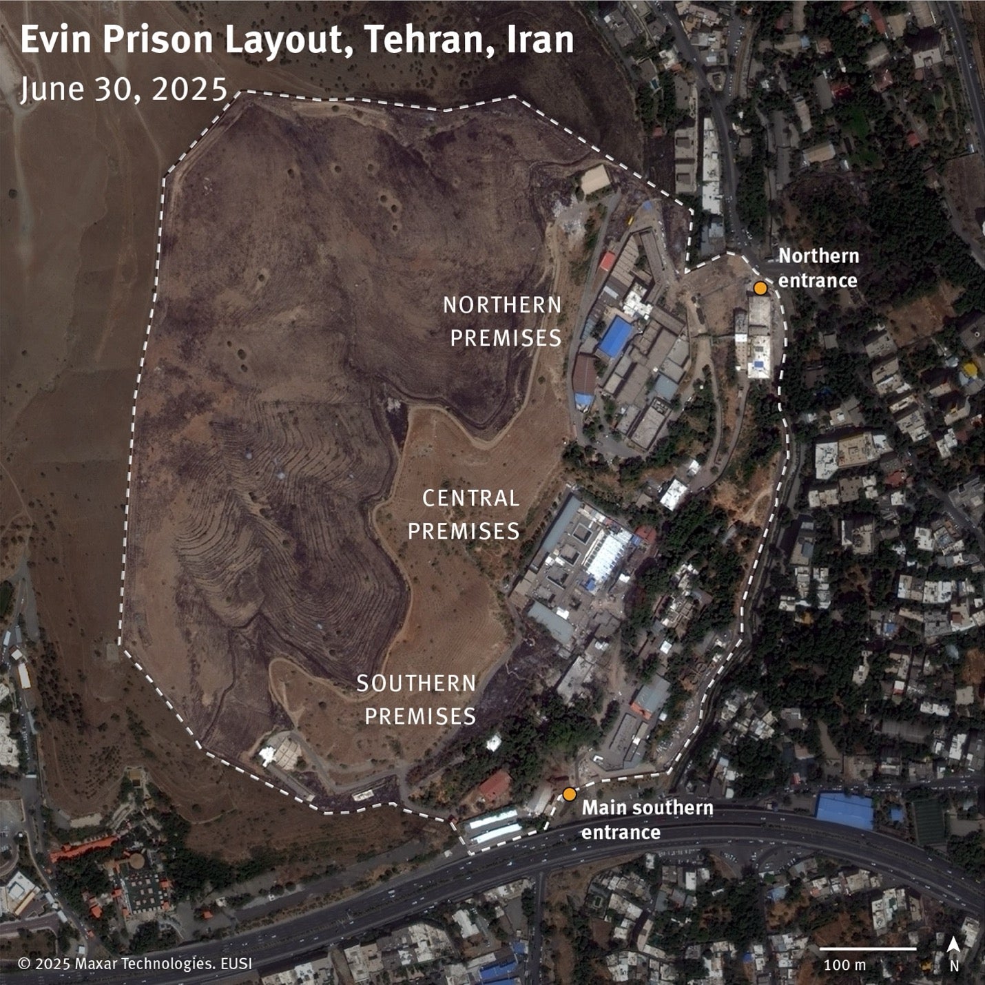 Layout of Evin prison, which spans approximately 43 hectares across a hilly section of District 1 in Tehran. 