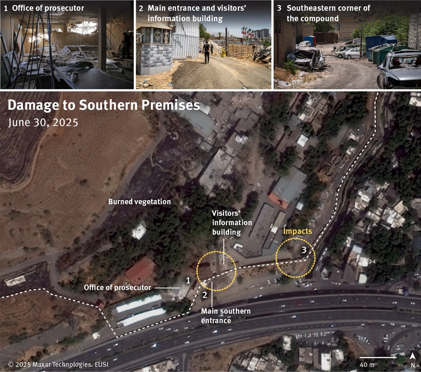 Satellite imagery from June 30, 2025 shows two apparent impact sites in the southern premises of Evin prison. 