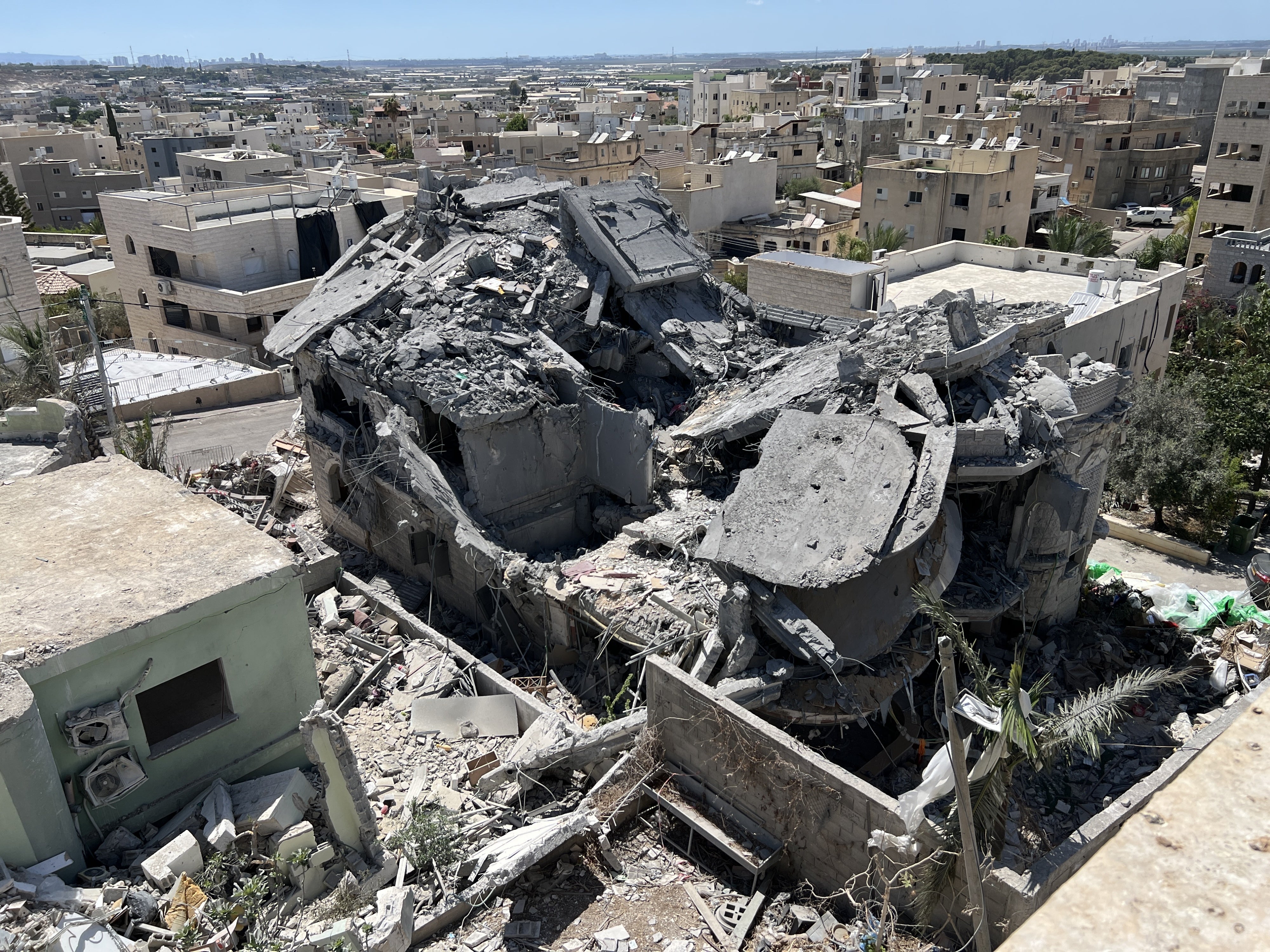 The roof of the Khatib family home following an Iranian missile strike that killed four family members in the Palestinian city of Tamra in northern Israel, on June 14, 2025.