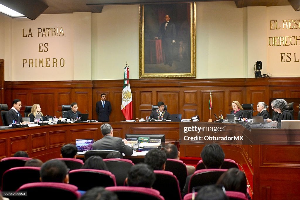 Justices Giovanni Azael Figueroa Mejia, Loretta Ortiz Ahlf, Lenia Batres Guadarrama, Hugo Aguilar Ortiz, Yasmin Esquivel Mossa, Maria Estela Rios Gonzalez, Irving Espinosa Betanzo, and Sara Irene Herrerias Guerrera pose during the first official session of the Mexican Supreme Court at Supreme Court building on September 10, 2025 in Mexico City, Mexico. 