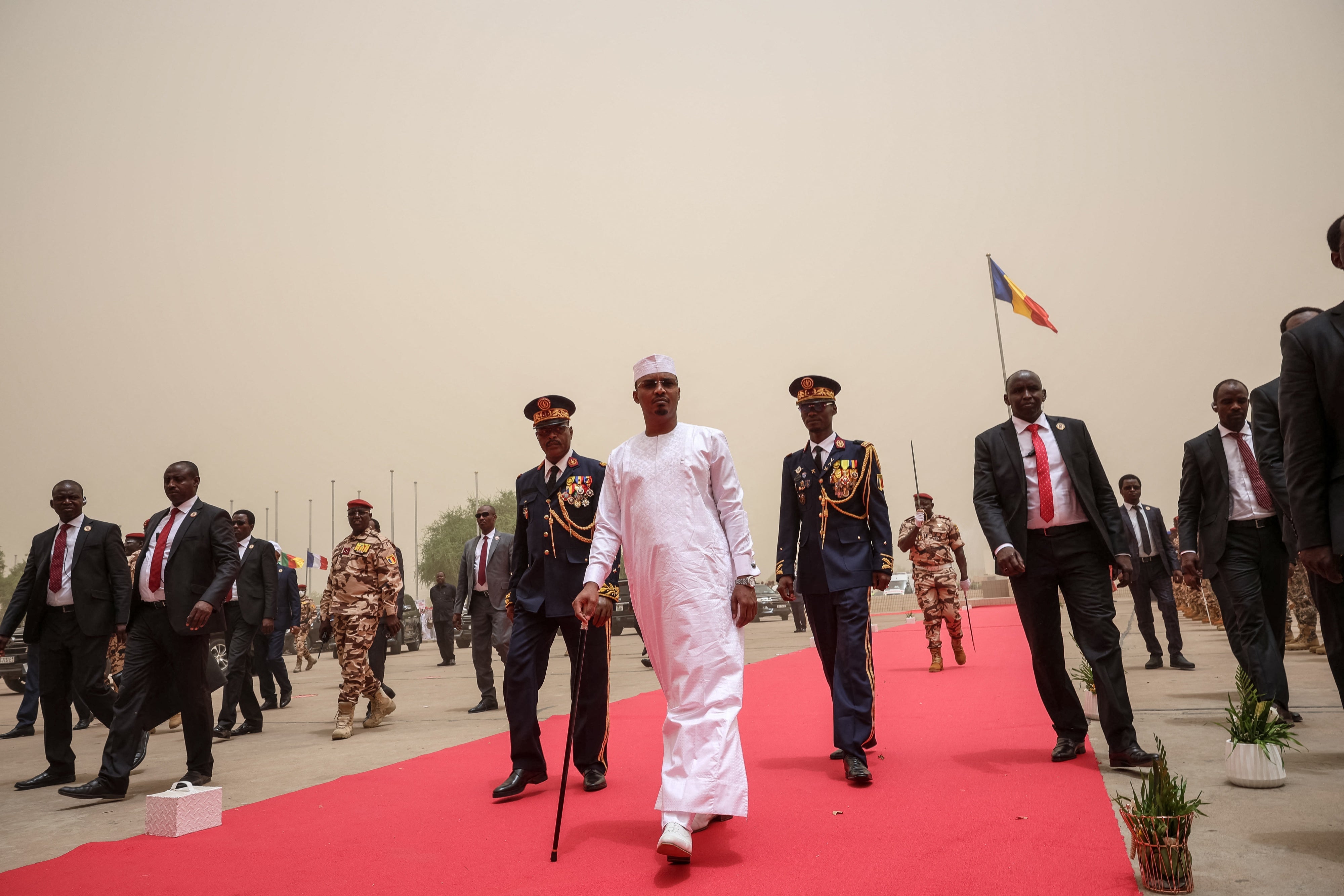 Chadian President Mahamat Idriss Déby (C) arrives for his inauguration at the Palace of Arts and Culture in N'Djamena on May 23, 2024.